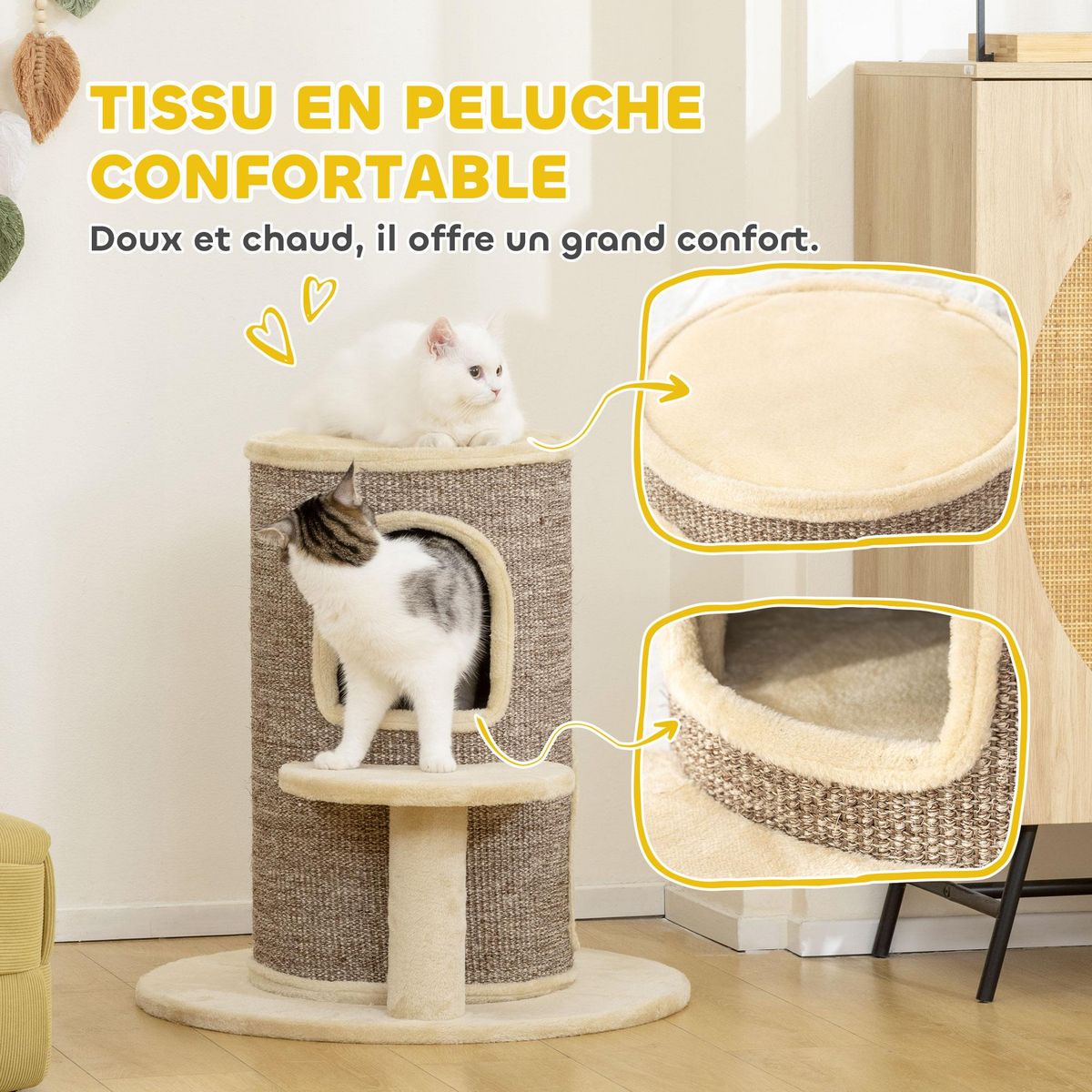 PAWHUT Arbre à chat cylindrique - tour à griffer pour chat H.61cm - tonneau griffoir - 2 niveaux + plateforme - sisal peluche beige