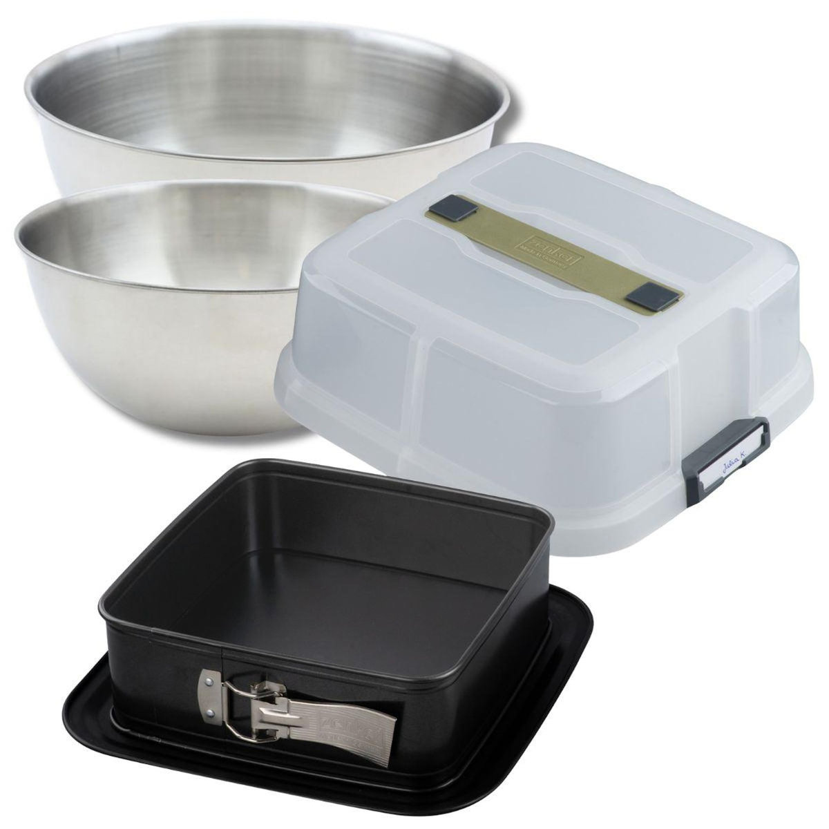 ZENKER Set pâtisserie moule à charnière carré 23 cm avec couvercle, 2 bols à mixer et 1 spatule Zenker