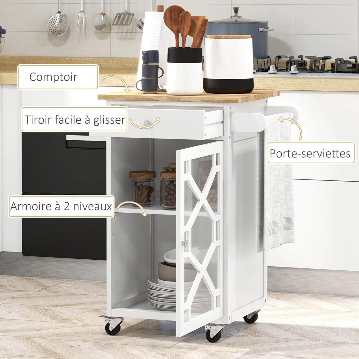 HOMCOM Desserte de cuisine à roulettes - tiroir, placard, porte-serviette - MDF blanc plateau bois hévéa