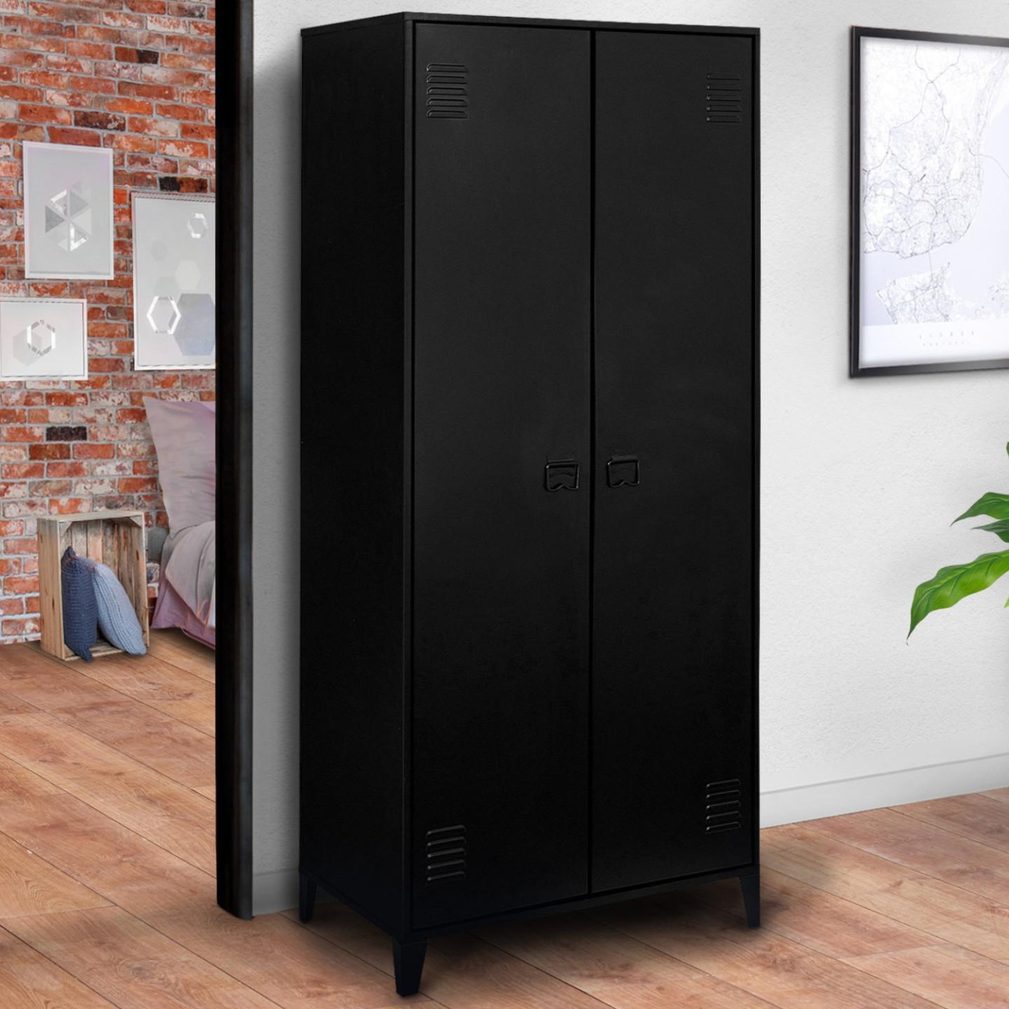 Voir la diapositive 2 : ID MARKET Armoire vestiaire penderie ester 2 portes métal noir design industriel