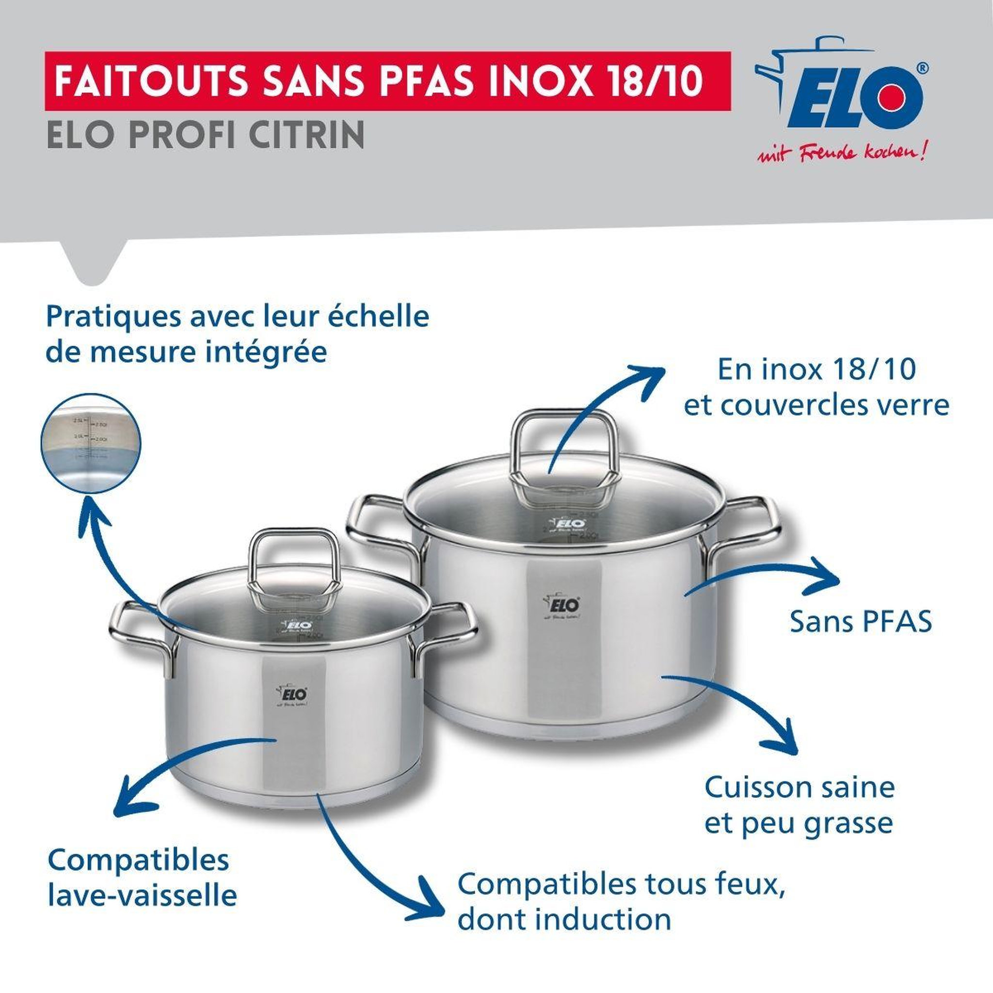 Voir la diapositive 3 : ELO Ensemble de 1 poêle de cuisson 24 cm et 2 faitouts 16 et 20 cm elo profi citrin