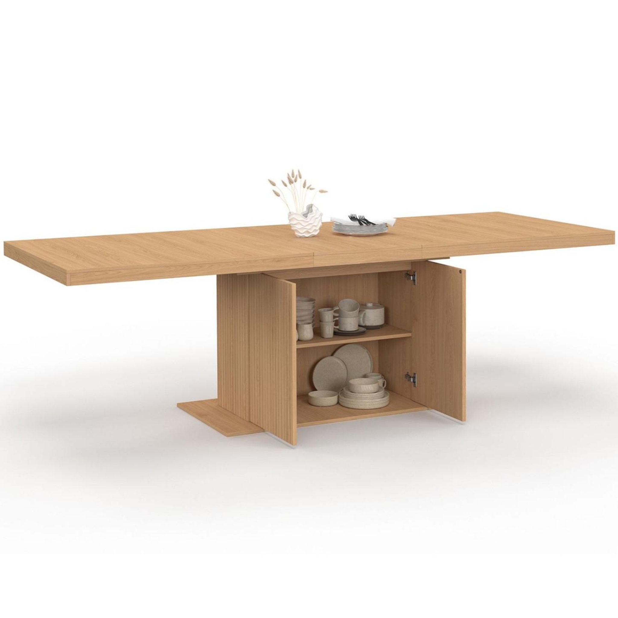 ID MARKET Table à manger extensible rectangle juliette 8-12 personnes pied central effet lattes avec rangement 200-250 cm