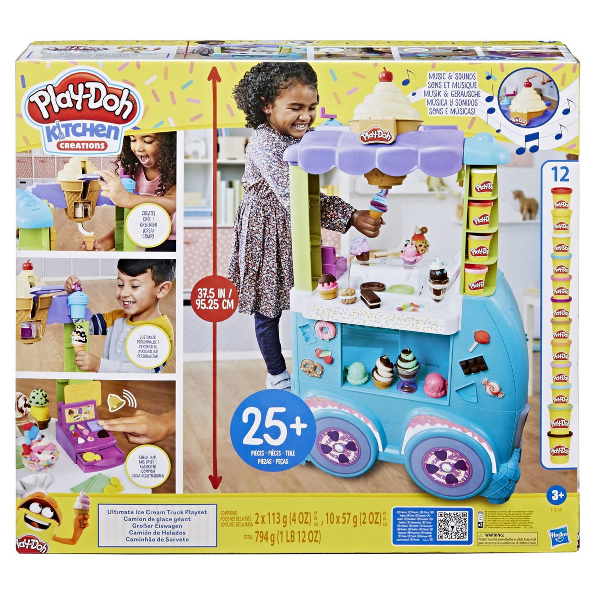 HASBRO Play-Doh Camion de glace géant, 27 accessoires et 12 pots de pâte à modeler, sons réalistes