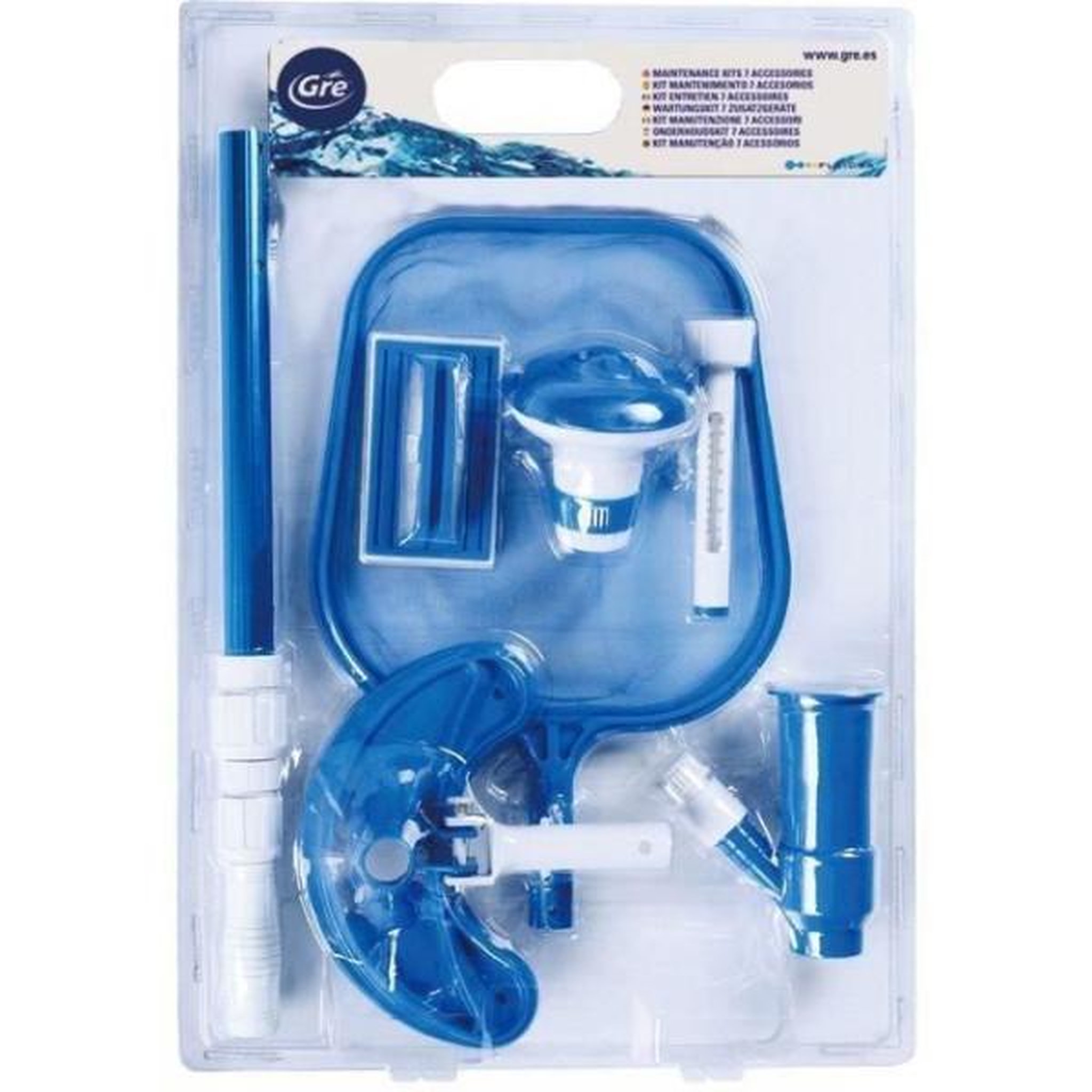 Voir la diapositive 2 : GRE GRE - Kit nettoyage piscine 6 accessoires - Brosse, épuisette, manche, thermometre, balai et diffuseur