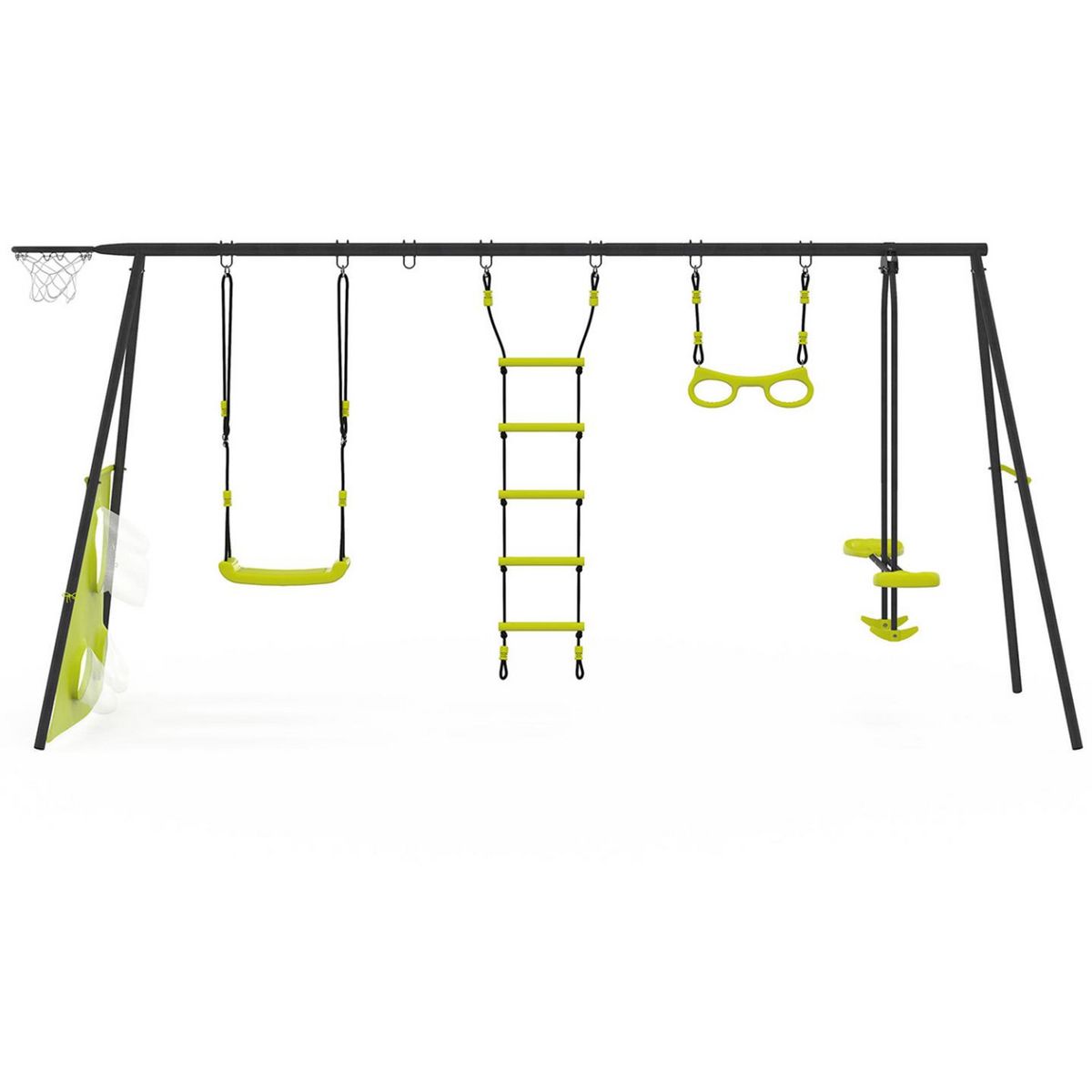 ID MARKET Balançoire 4 agrès portique avec balançoire face à face trapèze échelle panier de basket et buts de foot