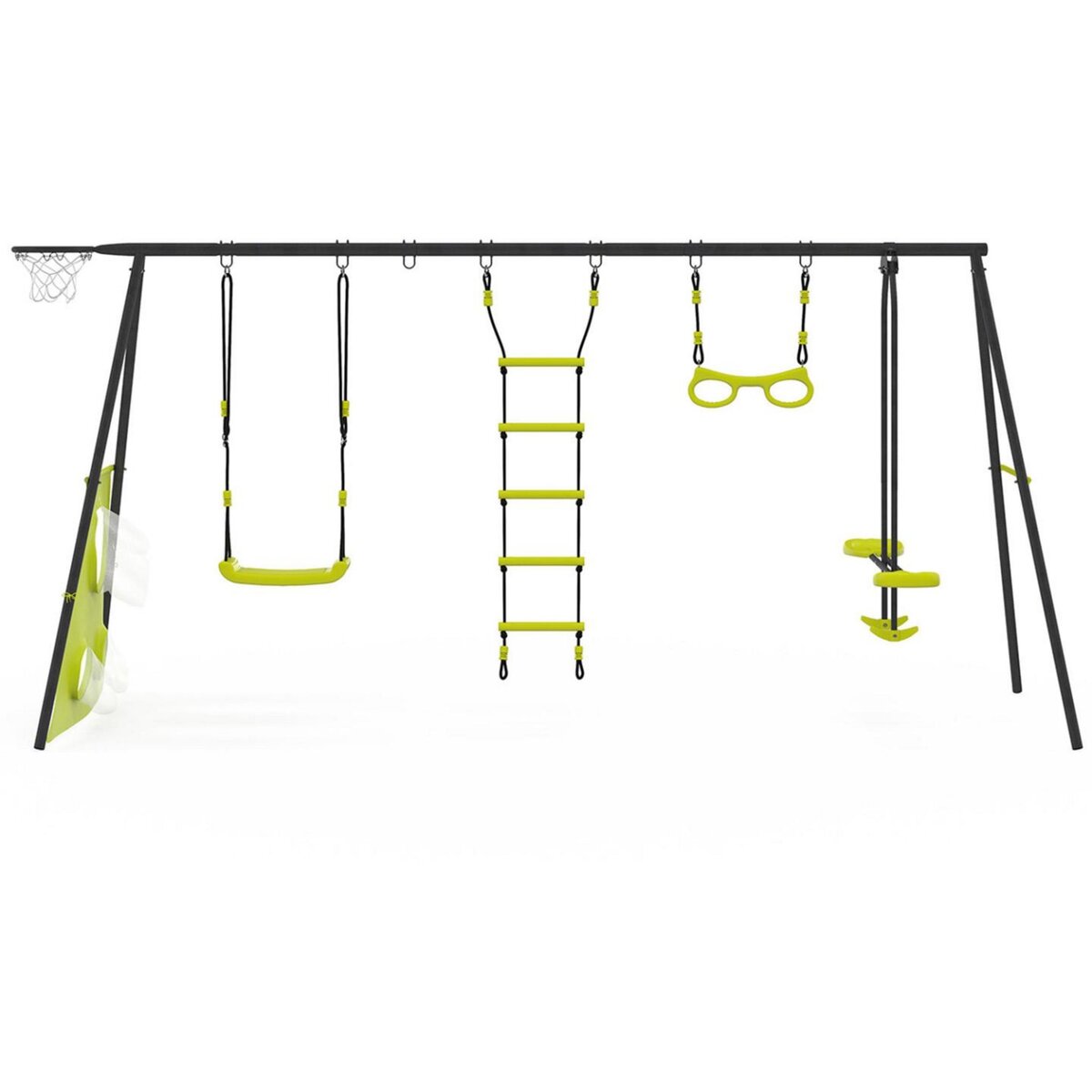 ID MARKET Balançoire 4 agrès portique avec balançoire face à face trapèze échelle panier de basket et buts de foot