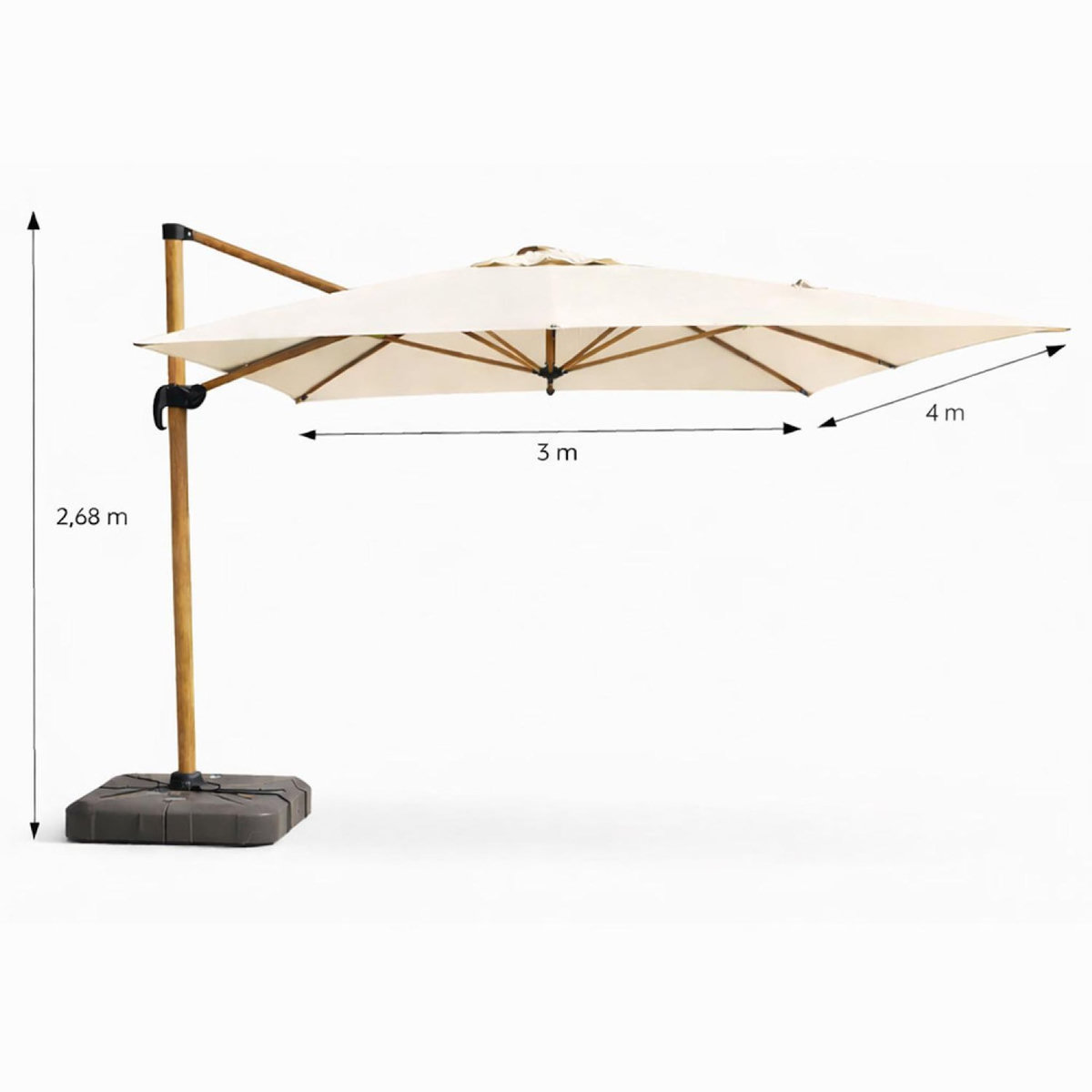 CONCEPT USINE Parasol rectangulaire 3x4m déporté rotatif écru pied effet bois en aluminium CESARE