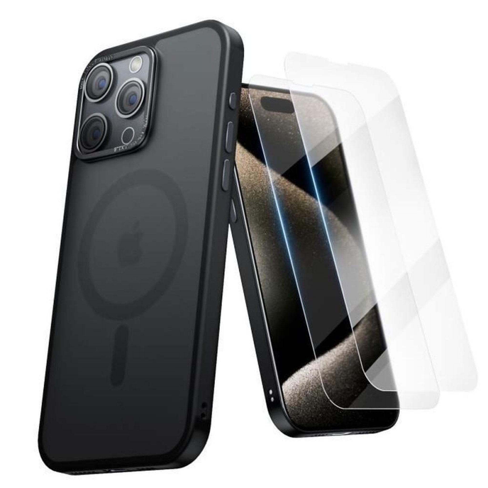 Coque ultra-fine pour iPhone 15 Pro Max compatible MagSafe, noire, protection anti-chute renforcée, finition soft-touch, avec anneau de protection caméra et ouvertures latérales
