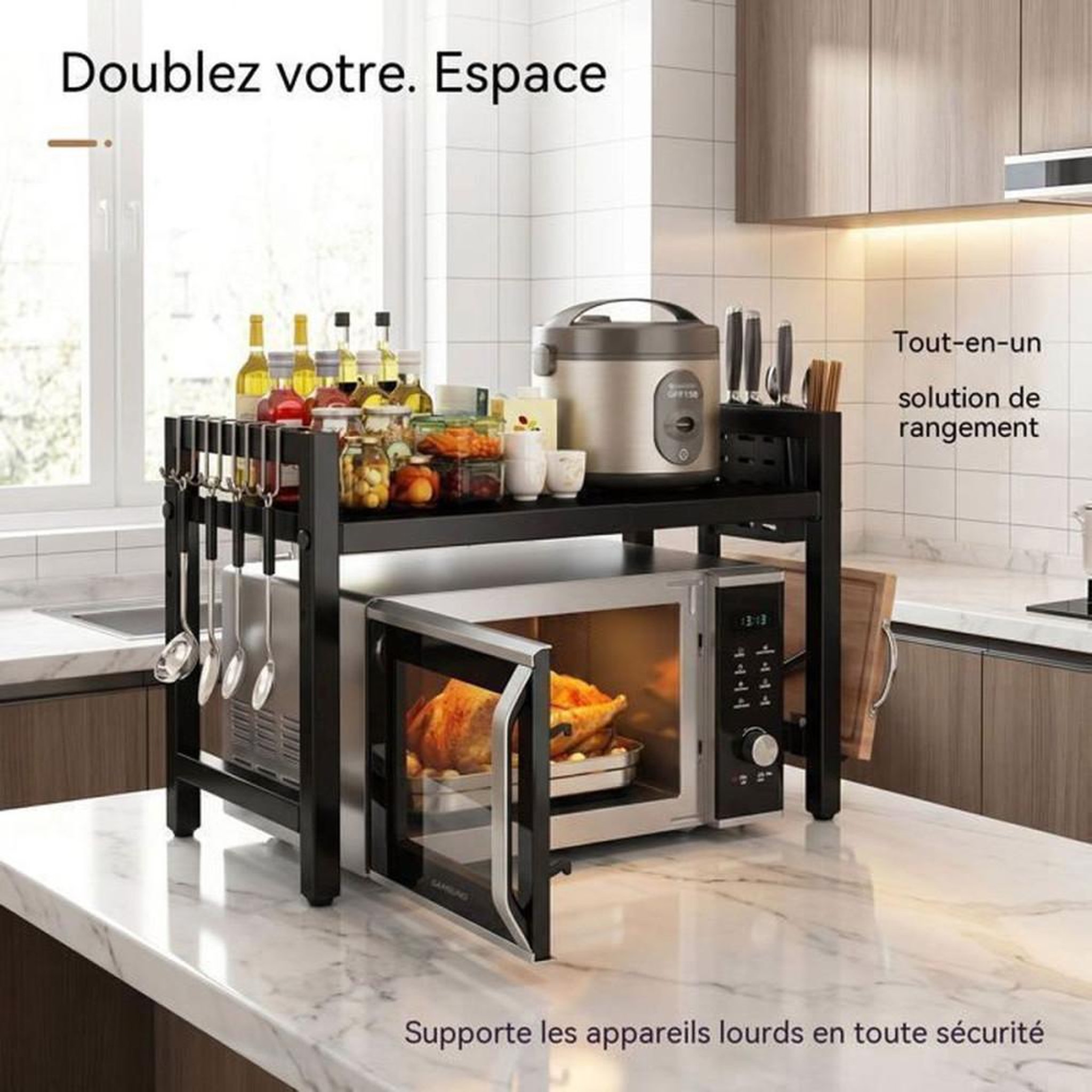 Voir la diapositive 2 : NO BRAND Support micro-ondes extensible noir en métal avec rangement de comptoir pliable, largeur 36 à 58 cm (jusqu'à 40 à 64 cm)