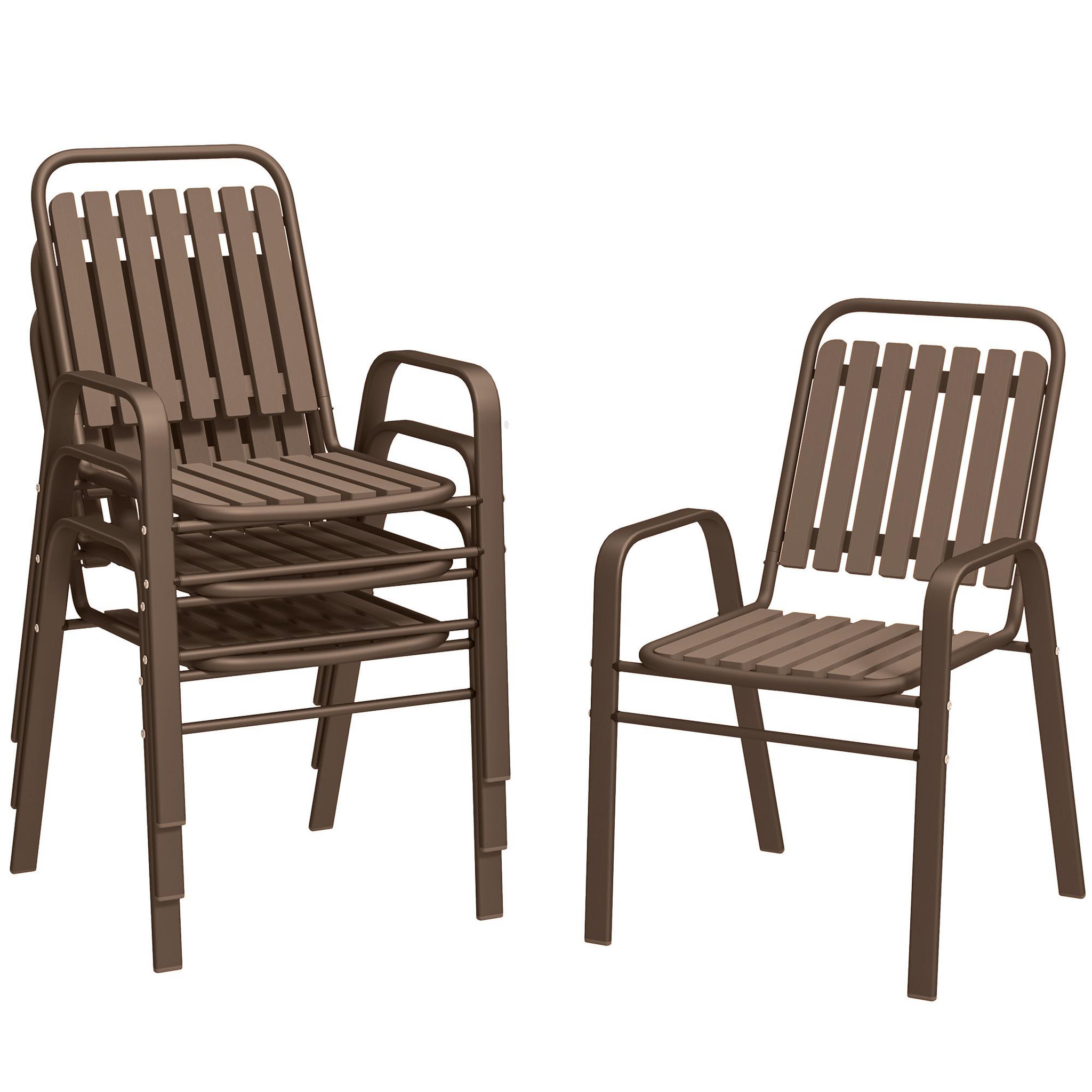 Voir la diapositive 1 : OUTSUNNY Lot de 4 chaises de jardin empilables design néo-rétro avec hauts dossiers accoudoirs acier époxy PP marron