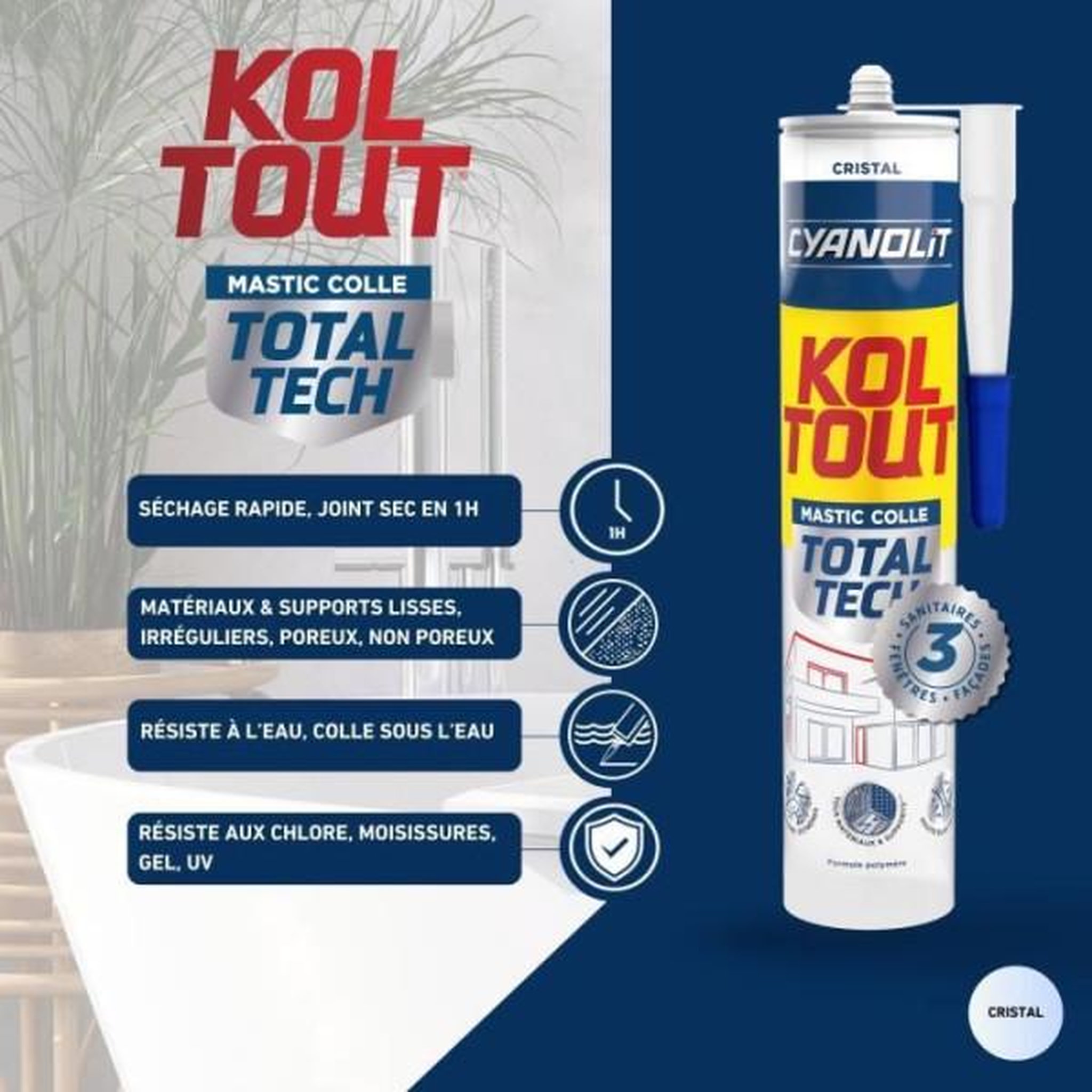 Voir la diapositive 4 : CYANOLIT Colle de fixation et d'étanchéité - CYANOLIT - Total tech - Cristal - Cartouche 290 ml - Transparent - Multi-matériaux et fl