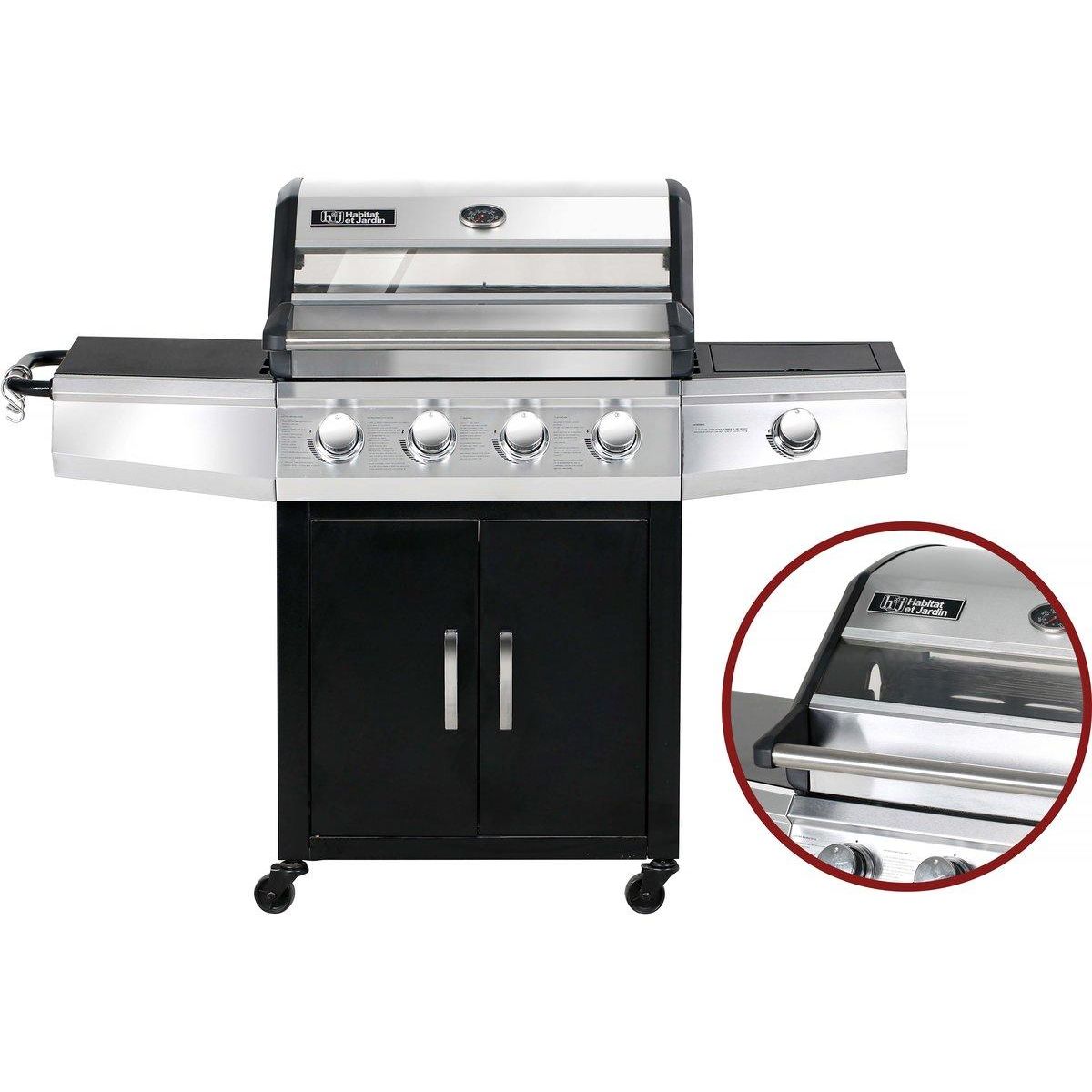 Habitat et Jardin Barbecue gaz avec couvercle en verre  Bingo 5  - 4 brûleurs + 1 latéral + Housse protection - 15.2 kW - Noir