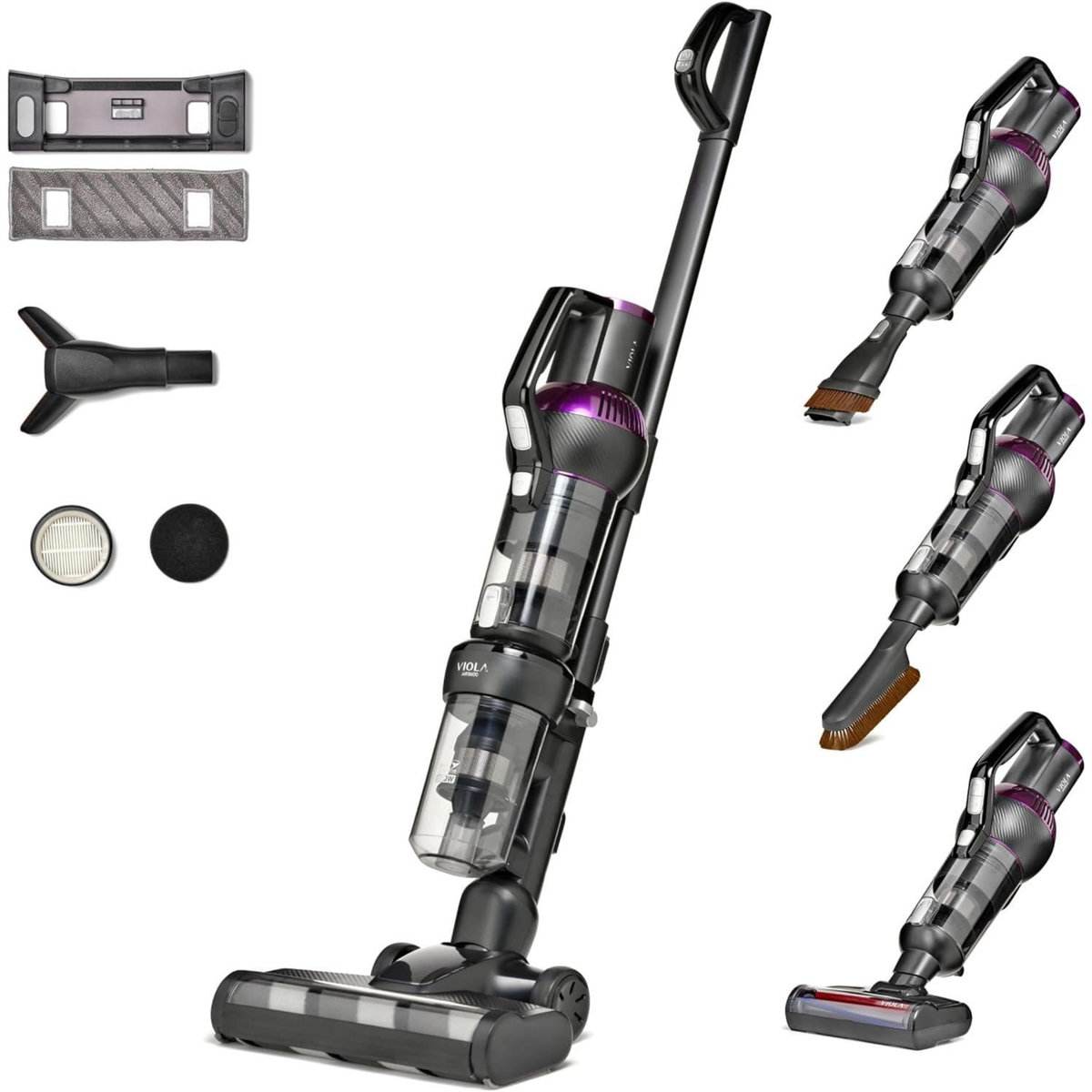 VIOLA Aspirateur Balai AIRB600 Sans Fil, Fonction de Lavage, Lampe UV-C stérilisante, Puissante 600W, Animal Kit, Autonomie 1h20, Silencieux