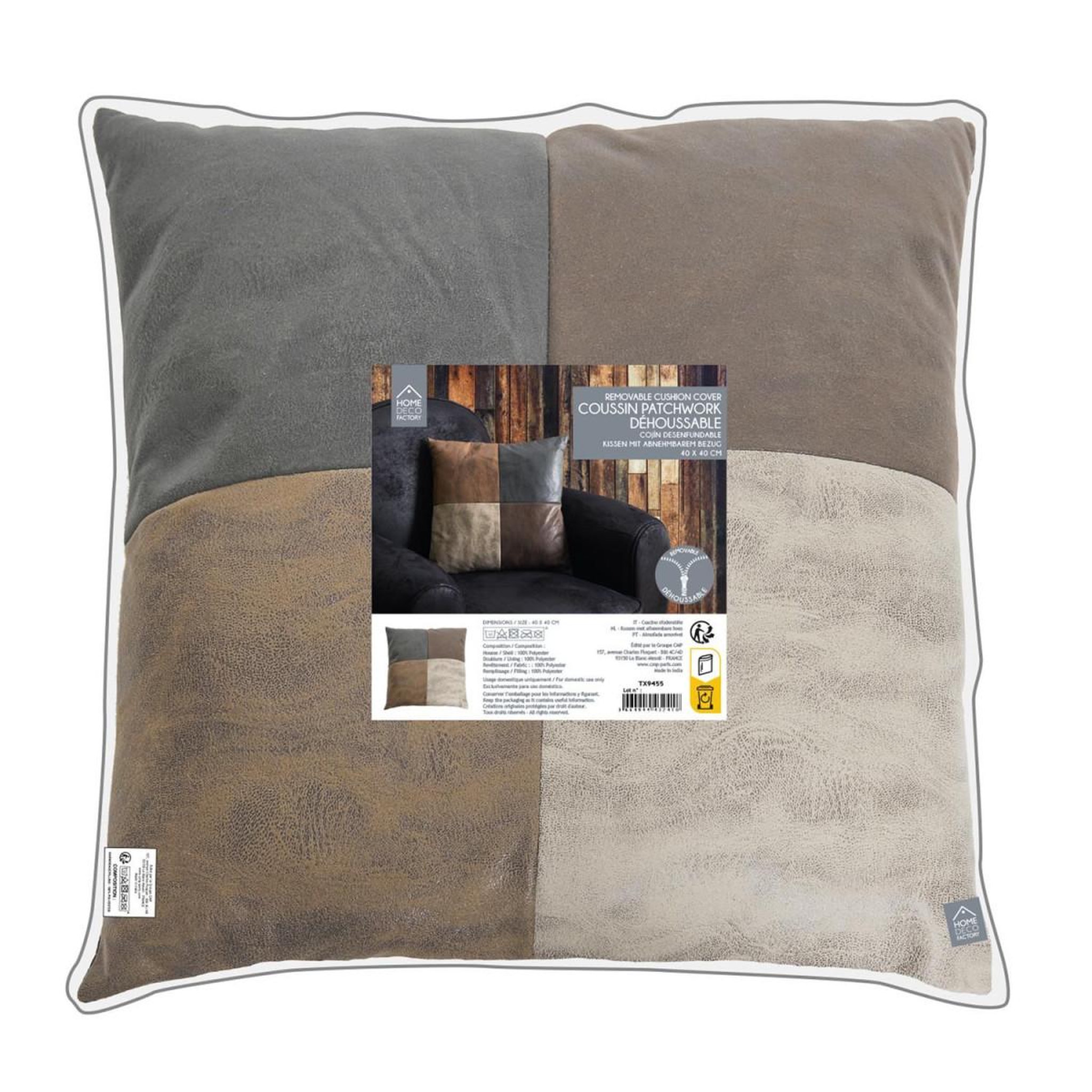 Voir la diapositive 5 : The Home Deco Factory Coussin Déco  Patchwork  40x40cm Marron & Beige