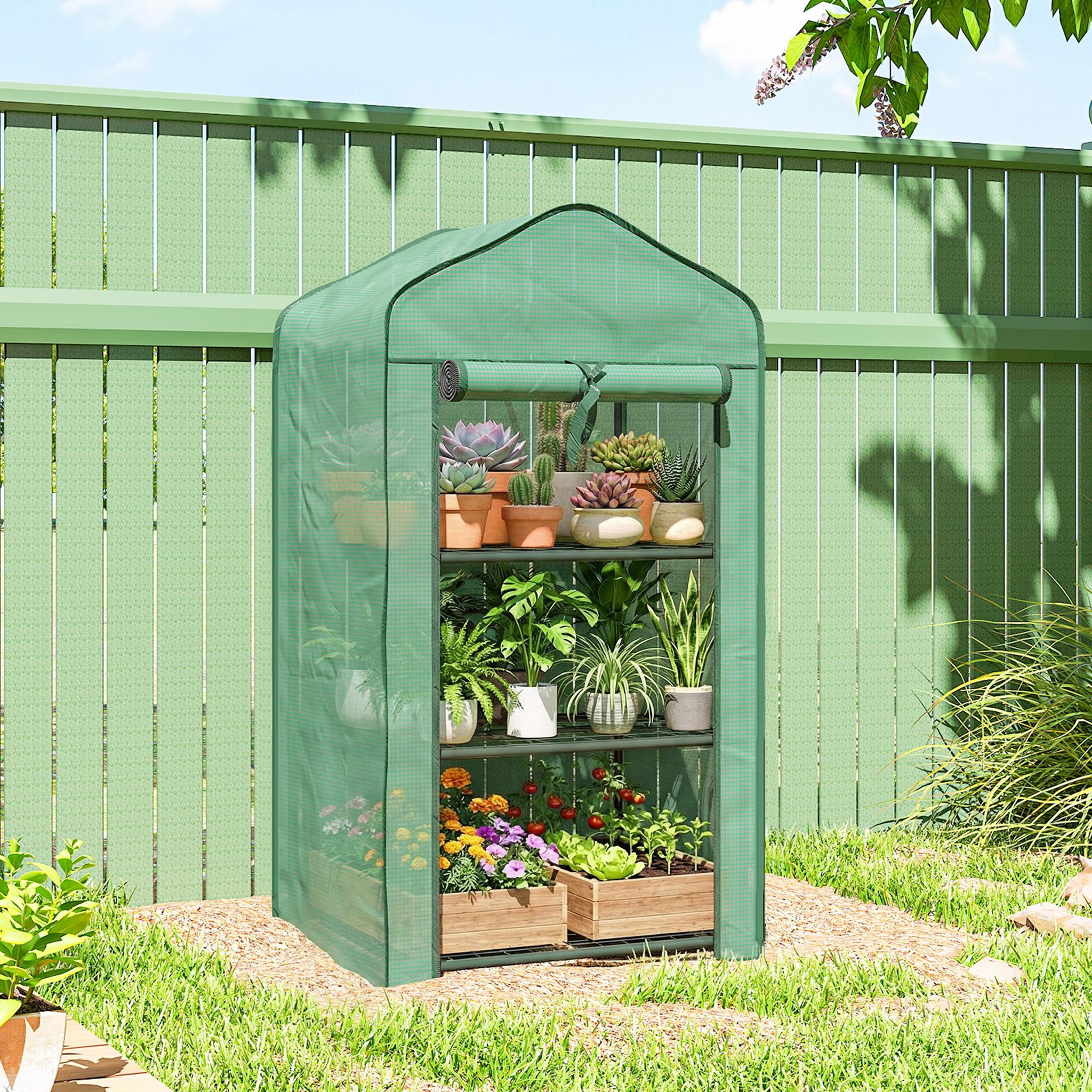 Voir la diapositive 2 : OUTSUNNY Serre de jardin balcon 3 niveaux métal thermolaqué vert PE vert