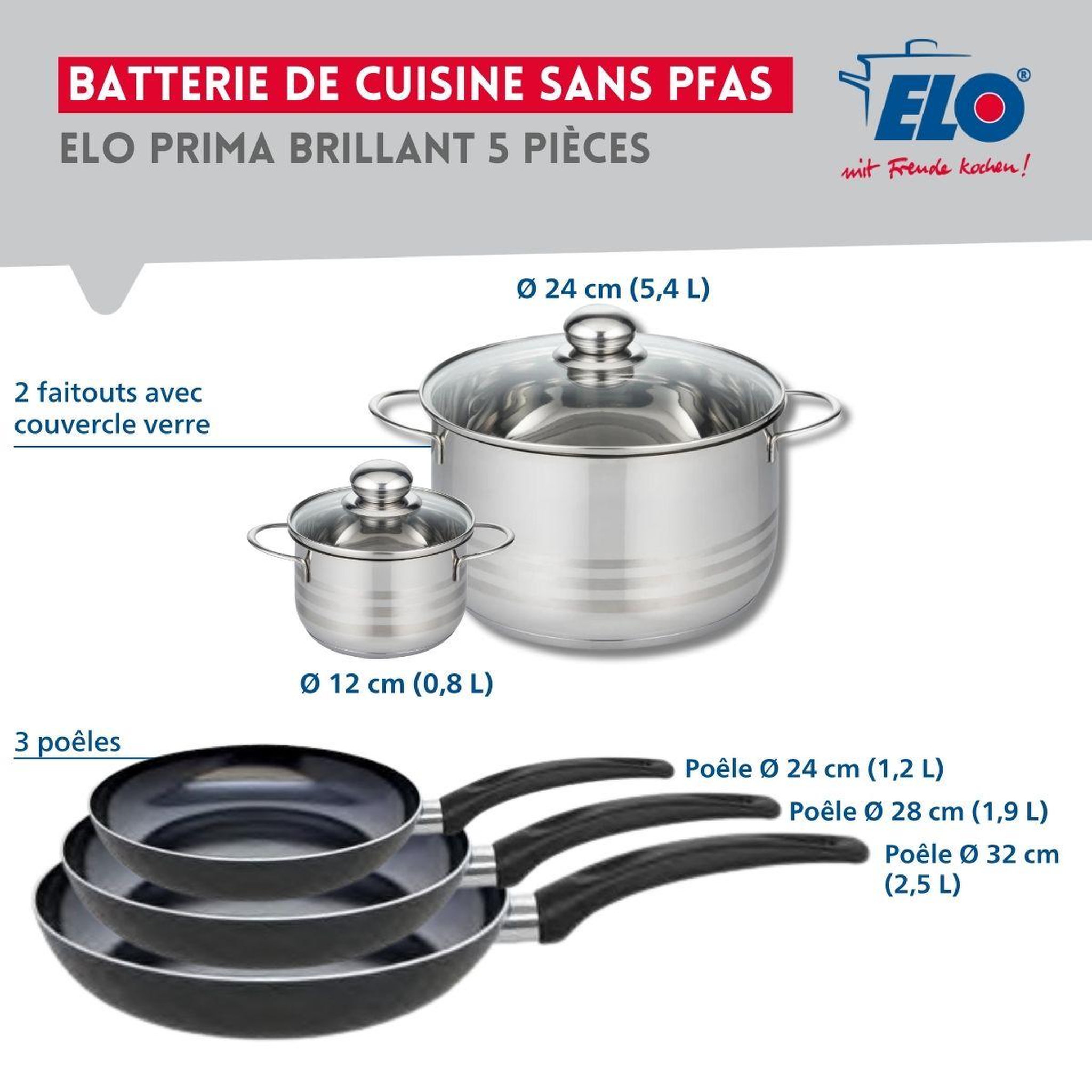 Voir la diapositive 2 : ELO Ensemble de 3 poêles de cuisson 24, 28 et 32 cm et 2 faitouts 12 et 24 cm elo prima brillant