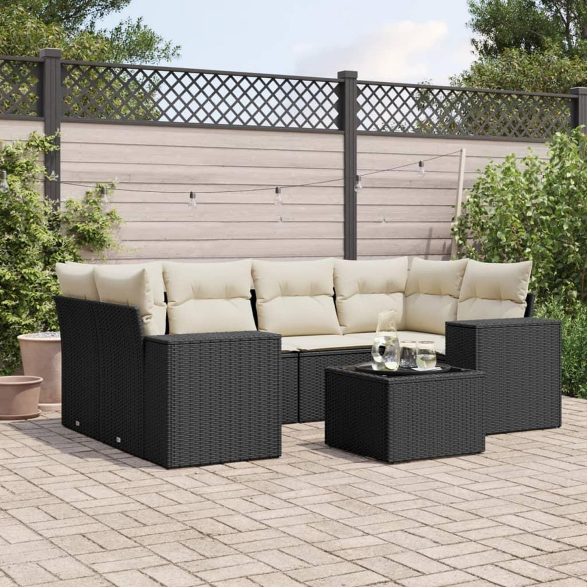 VIDAXL Salon de jardin 7 pcs avec coussins noir resine tressee