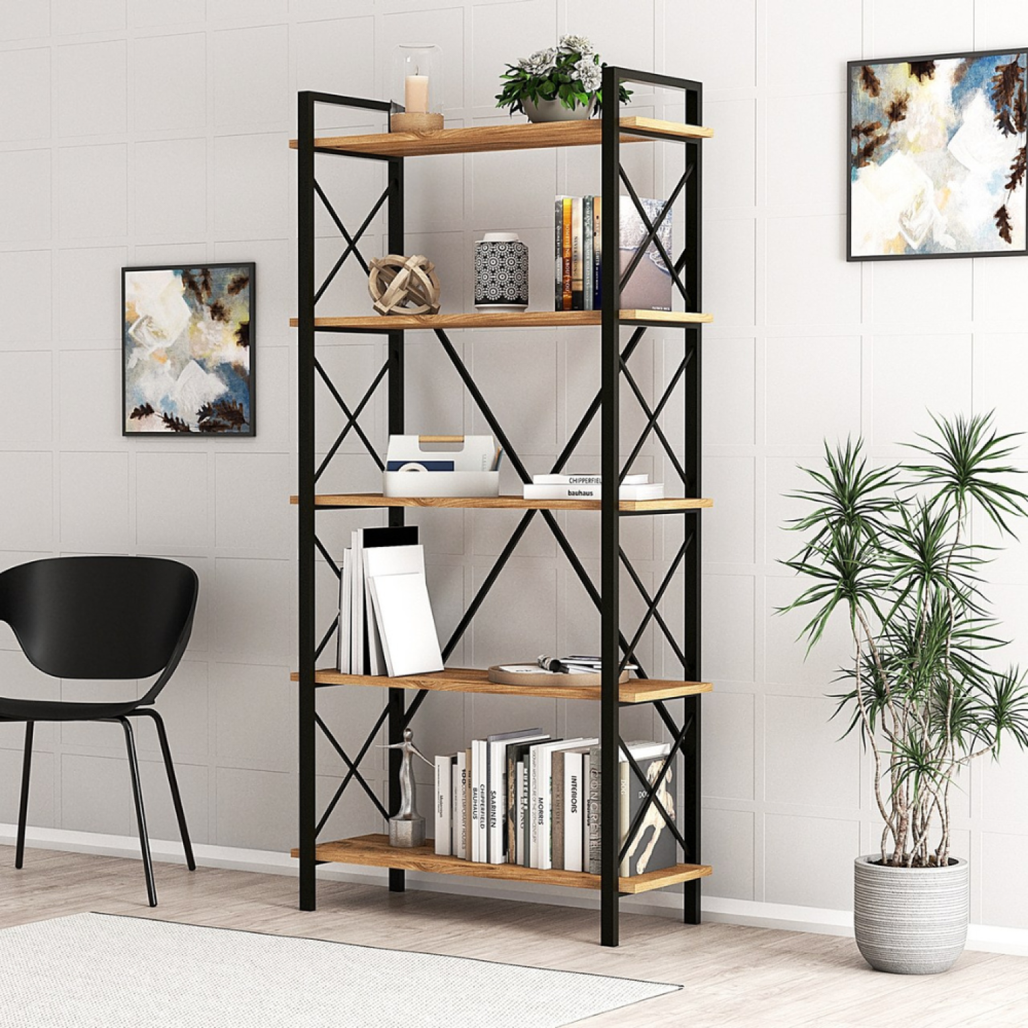 Voir la diapositive 4 : CONCEPT USINE Bibliothèque design en métal - 5 étagères - bois et noir FANI