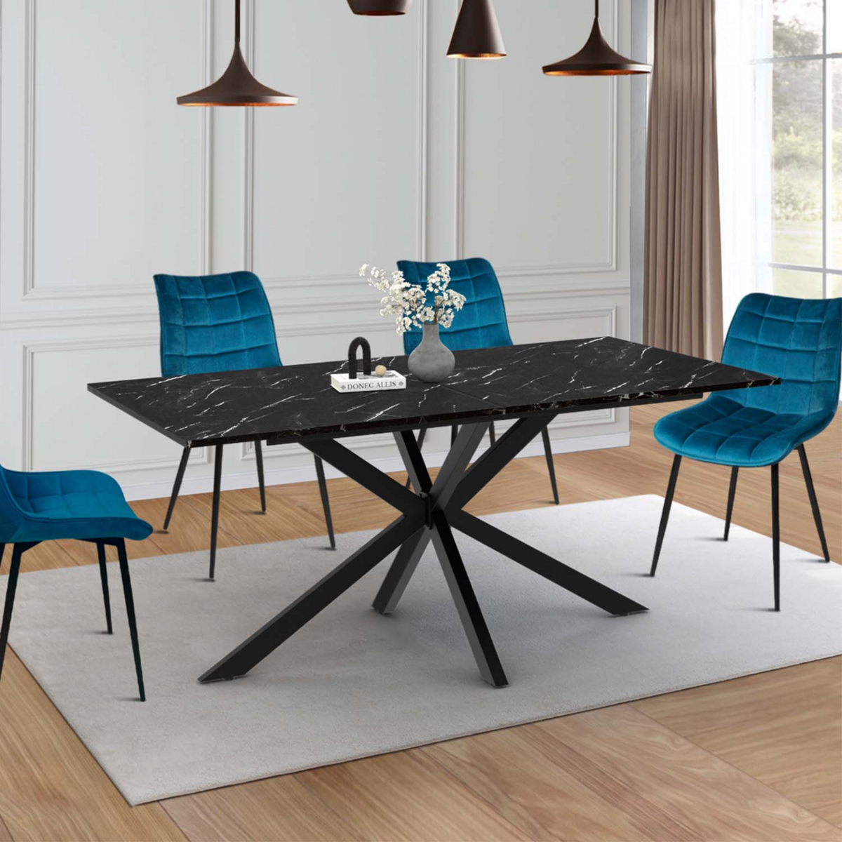 ID MARKET Table à manger extensible rectangle ALIX 6-10 personnes pied araignée noir et plateau effet marbre noir ALASKA 160-200 cm
