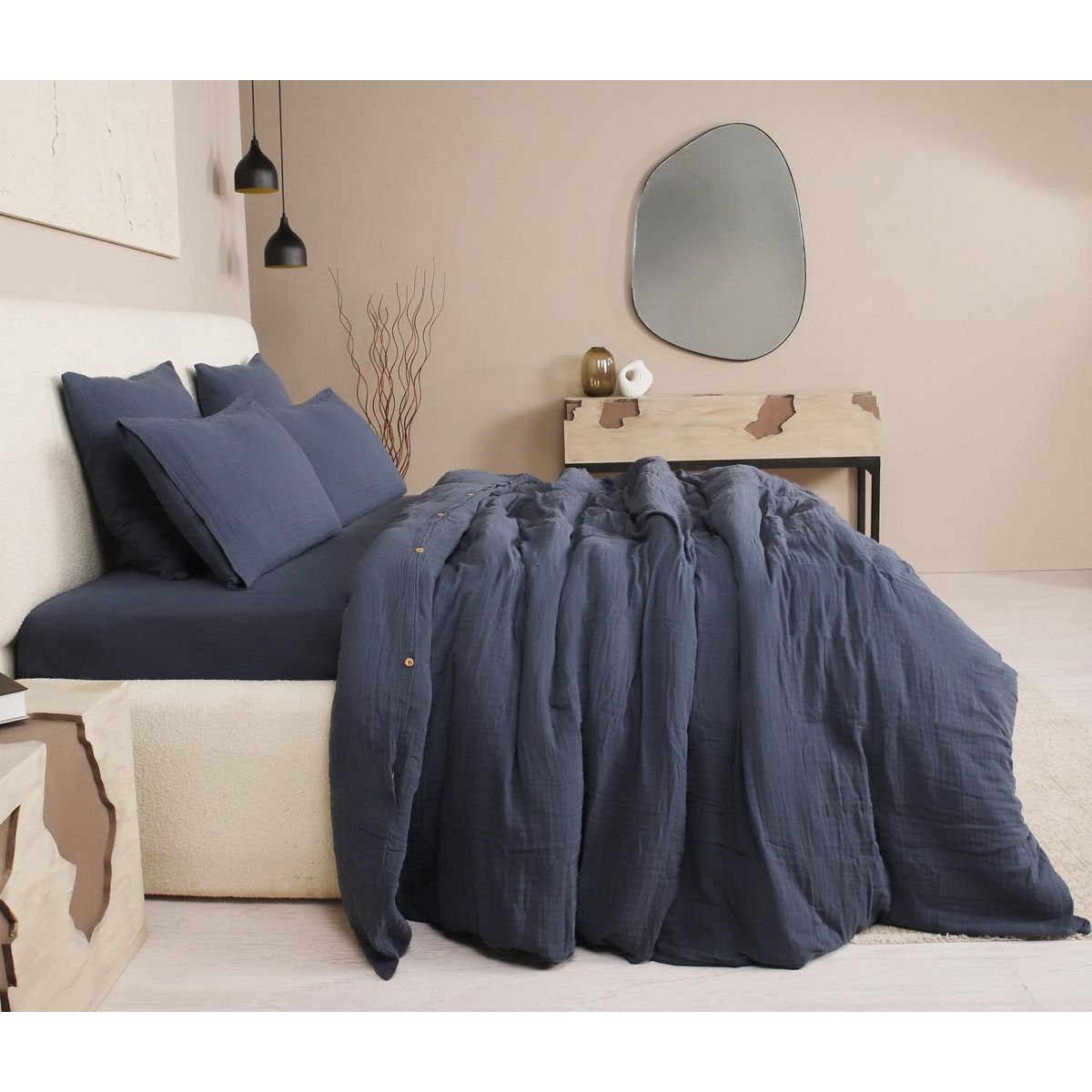 Les Ateliers du Linge Parure De Couette 3 Pcs 260x240 100% Gaze De Coton Lavé Bleu Pétrole