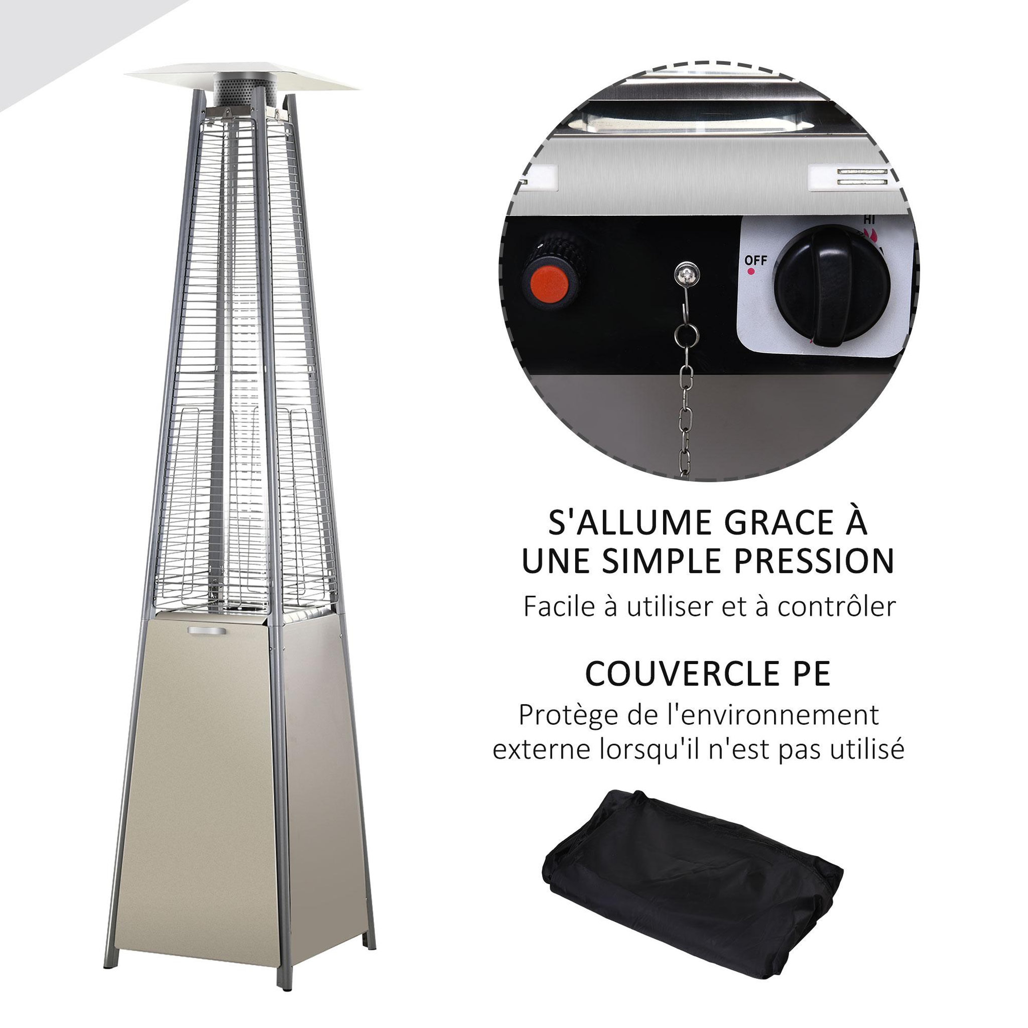 Voir la diapositive 6 : OUTSUNNY Outsunny Parasol chauffant pyramide 10,5 kW - chauffage d'extérieur gaz - chauffage de terrasse - double sécurité - puissance réglable - roulettes, housse incluse - acier inox. gris métal