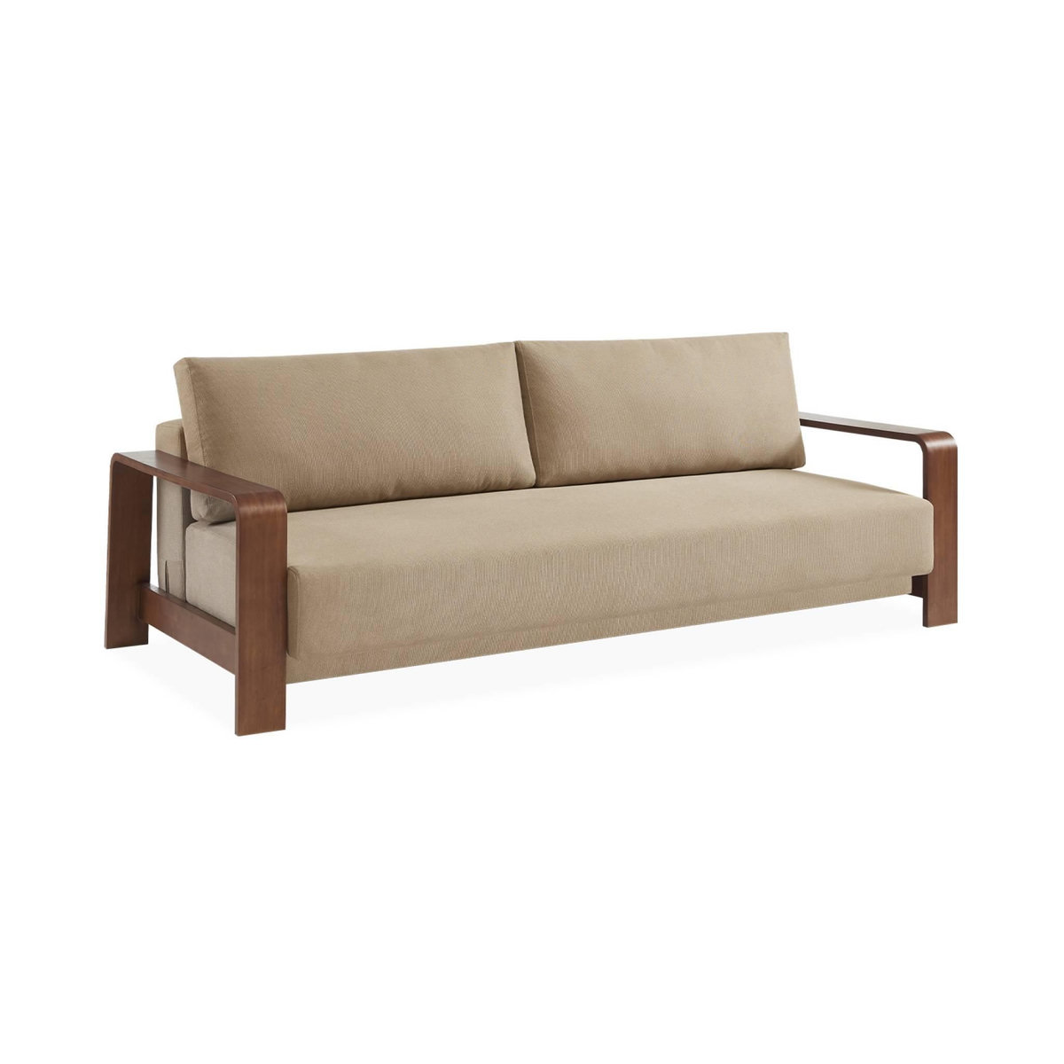 SWEEEK canapé convertible 3 places tissu beige déperlant et accoudoirs bois d'hévéa L 224 x P 108 x H 85cm