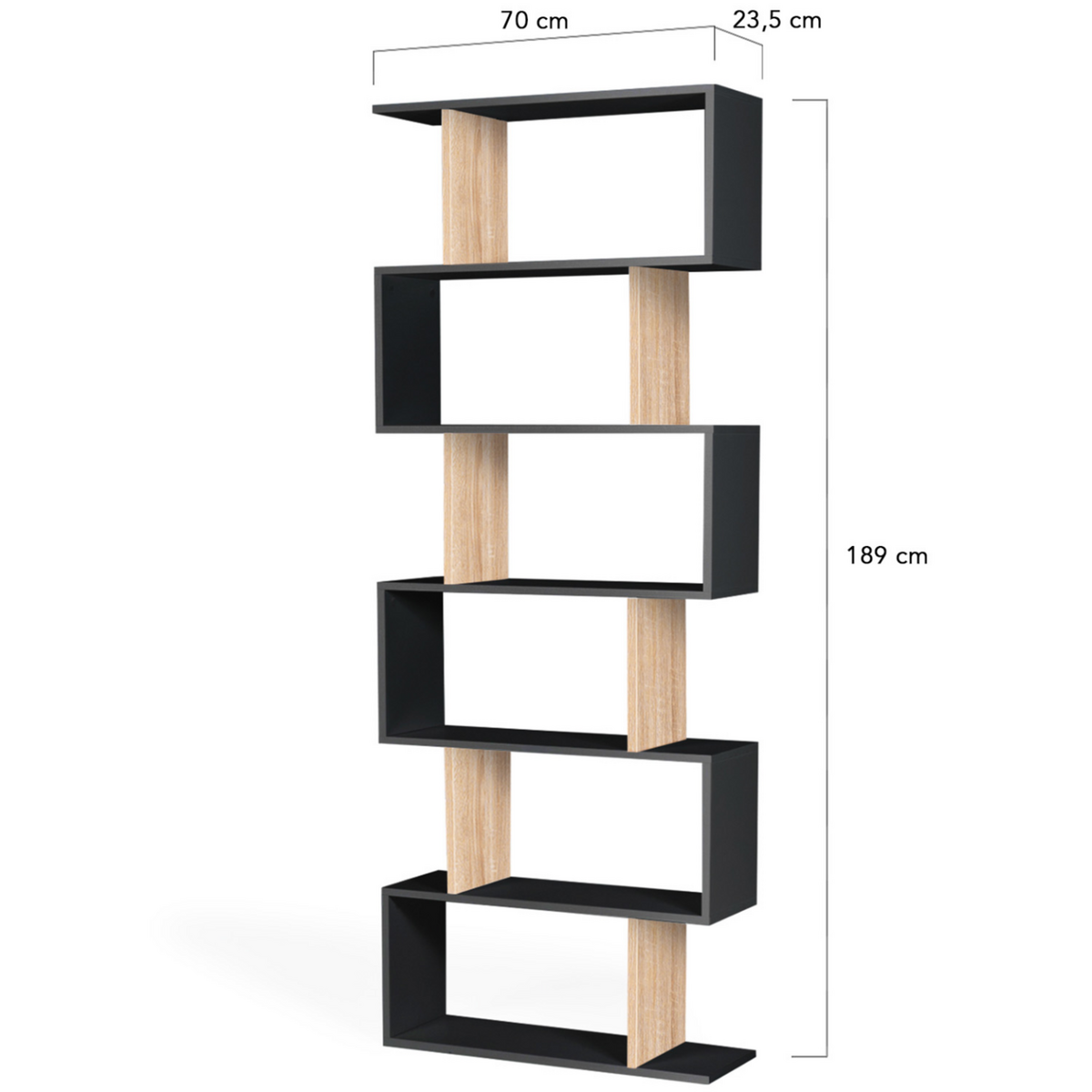 ID MARKET Etagère bibliothèque SOFIA forme S bois façon hêtre et noir 189 cm