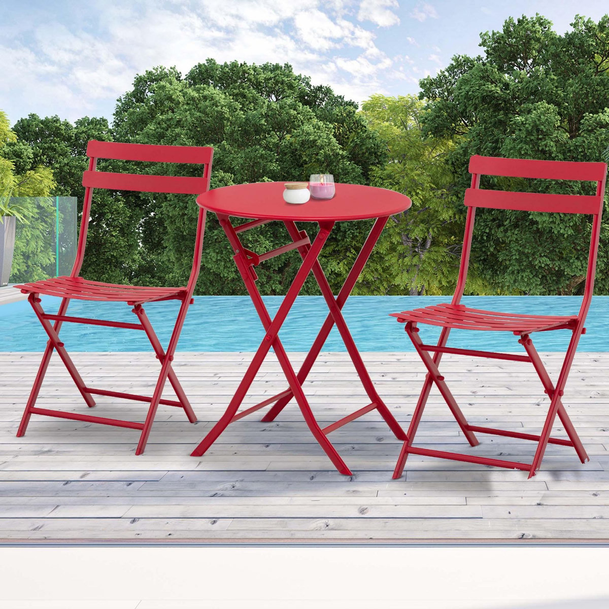 OUTSUNNY Salon de jardin bistro pliable - table ronde Ø 60 cm avec 2 chaises pliantes - métal thermolaqué rouge