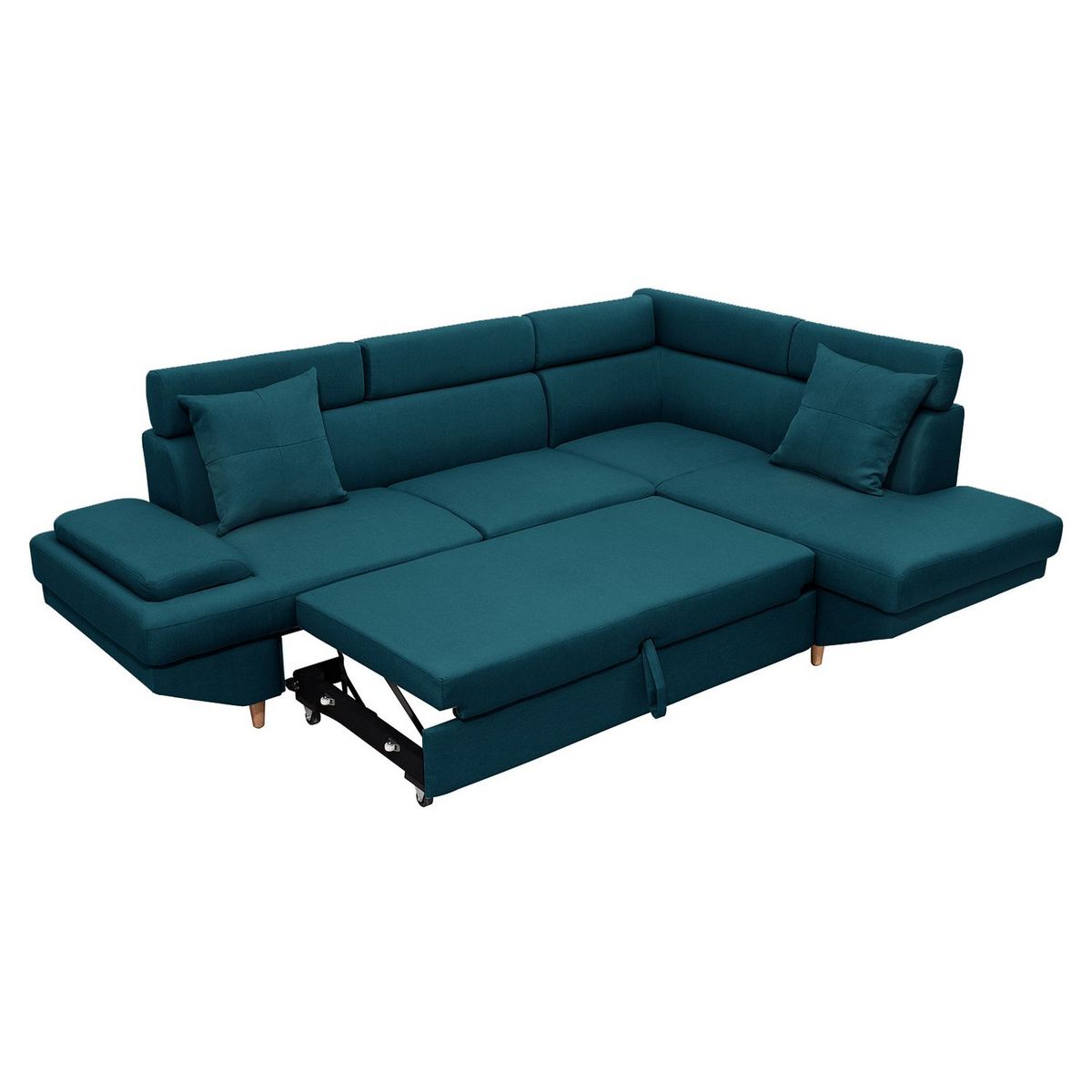 Canapé d'angle droit convertible 5 places tissu pieds bois clair MARIUS 