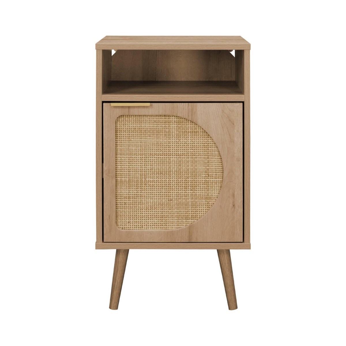 SWEEEK Table de chevet. Eva. décor bois et cannage arrondi. une porte. un espace de rangement. L40 x l39 x H70cm