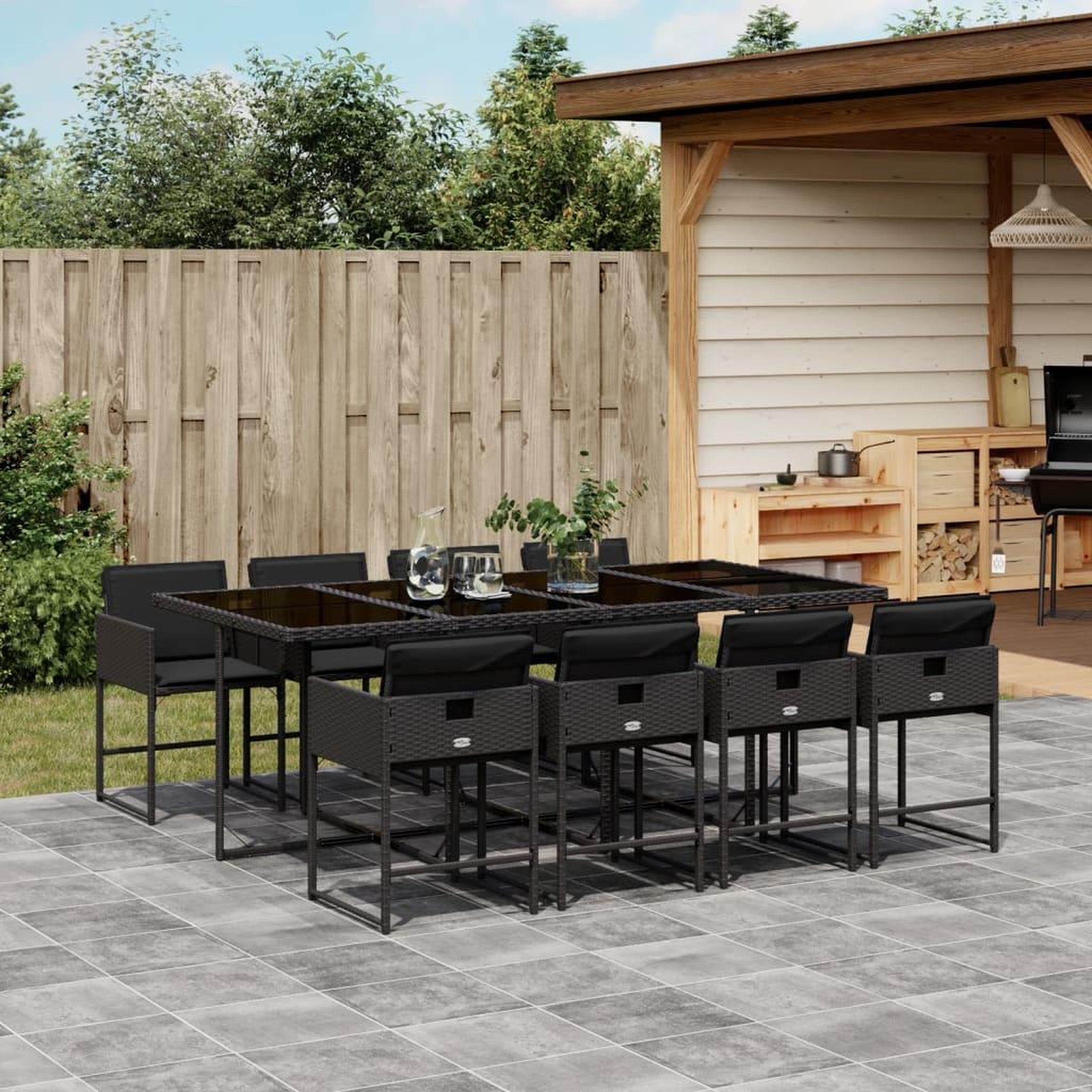 VIDAXL Ensemble a manger de jardin 9pcs coussins noir resine tressee