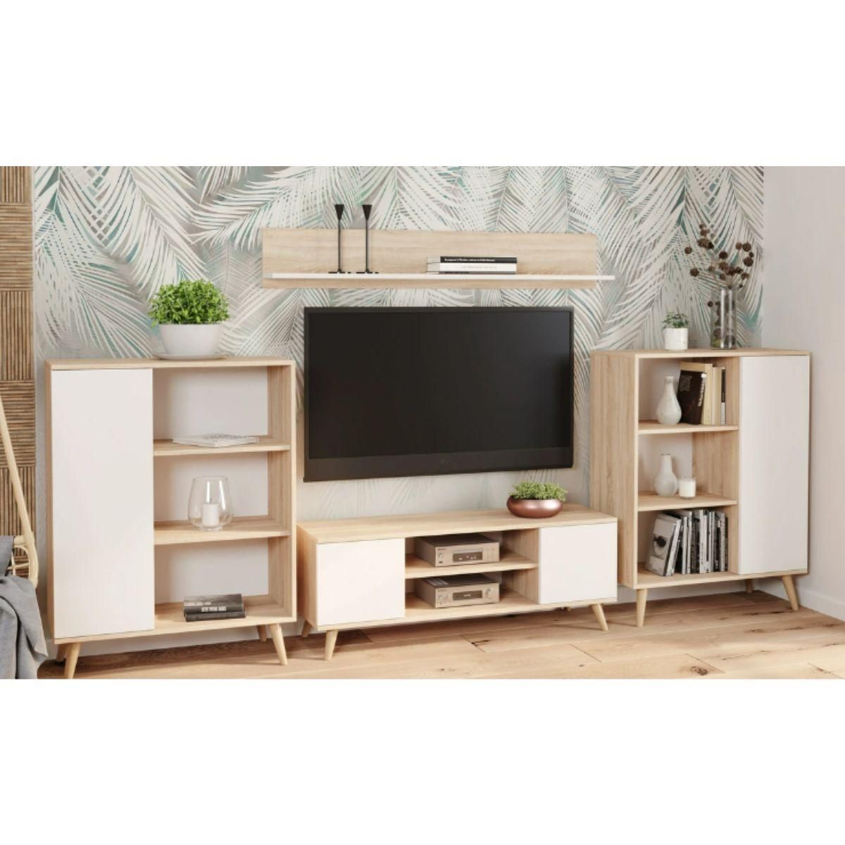 KOBI Meuble TV Focus en Bois Blanc 155 cm - Élégance et Praticité pour Votre Salon
