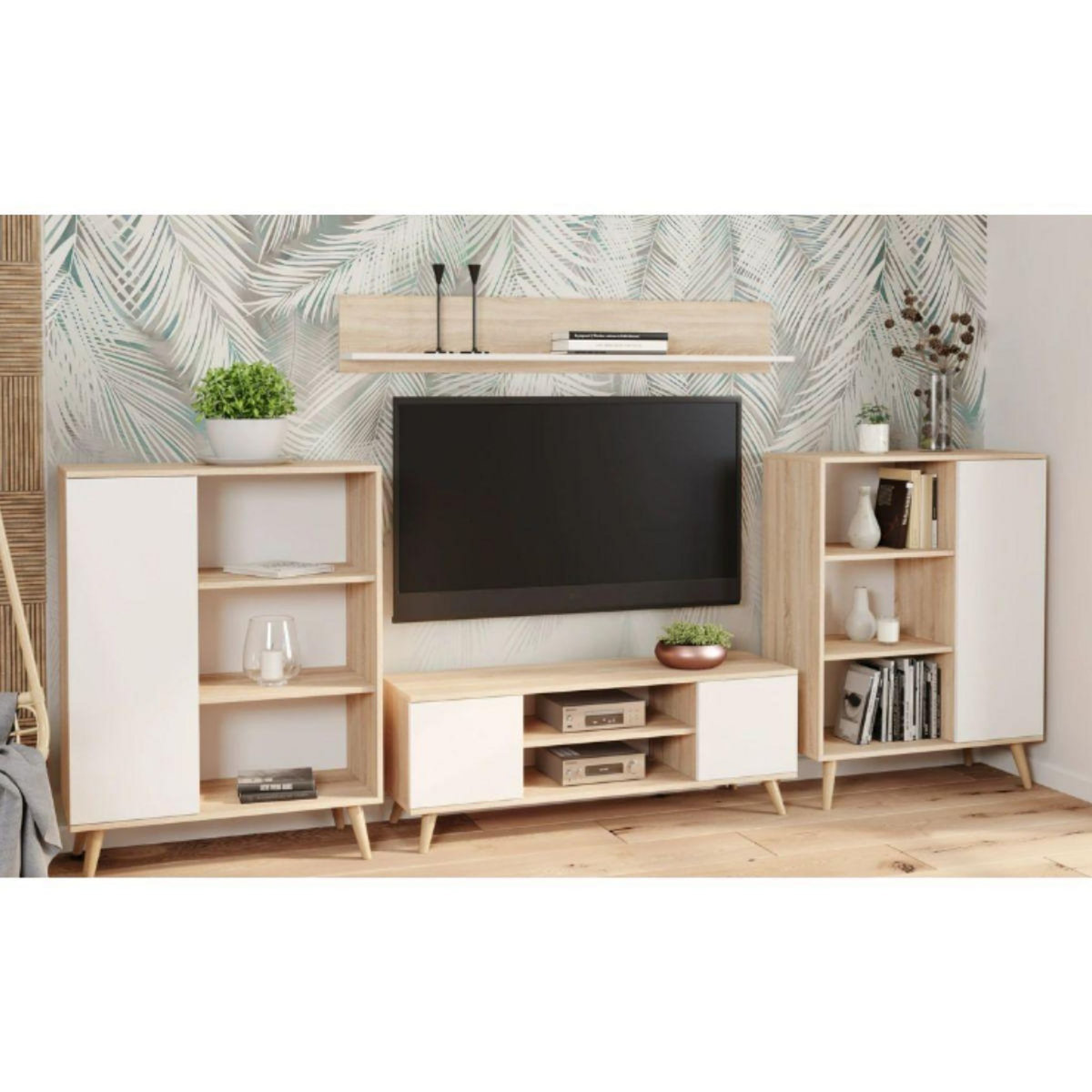 KOBI Meuble TV Focus en Bois Blanc 155 cm - Élégance et Praticité pour Votre Salon
