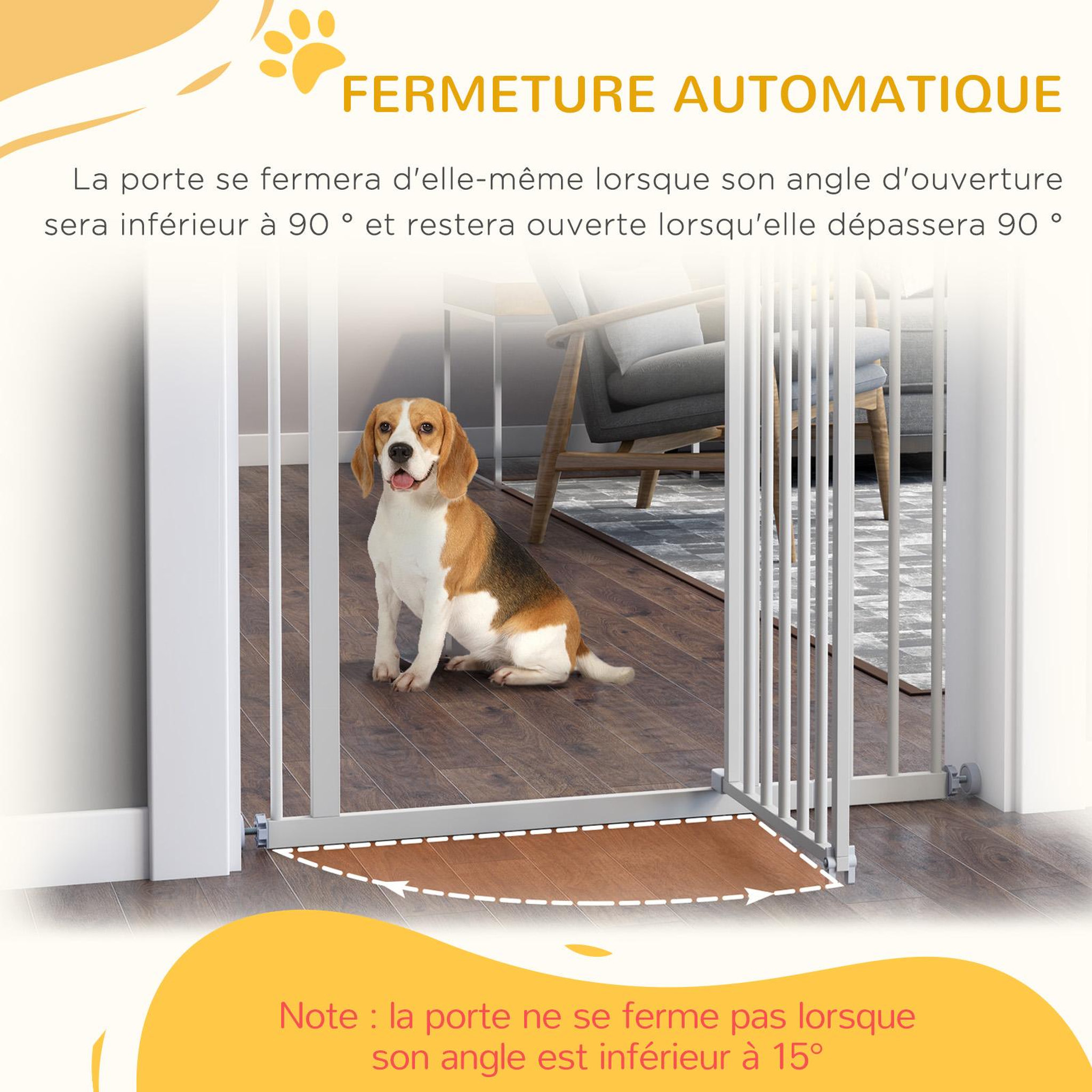 Voir la diapositive 6 : PAWHUT Barrière de sécurité animaux - longueur réglable dim. 74-97,5 cm - porte double verrouillage, ouverture double sens -sans perçage - acier plastique blanc