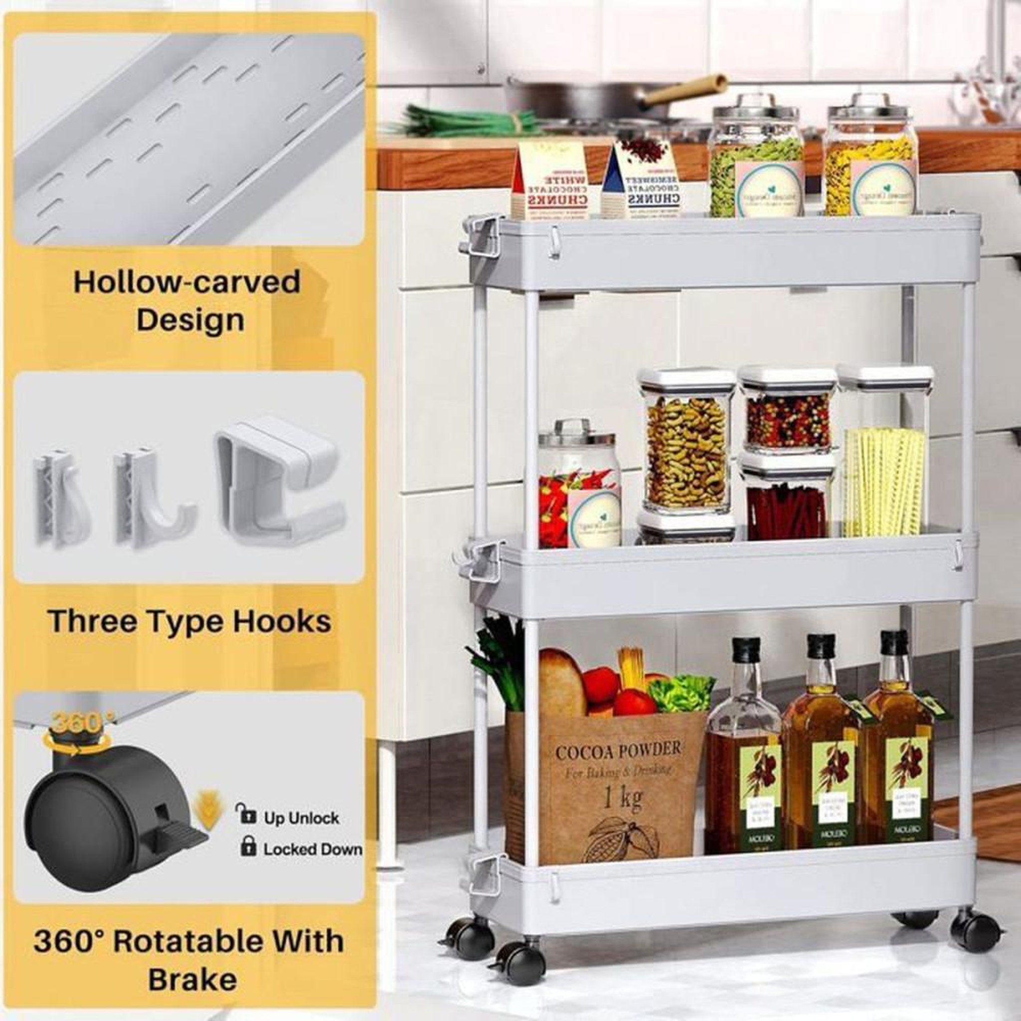 Voir la diapositive 5 : Chariot de rangement cuisine 3 étagères blanc, roues 360°