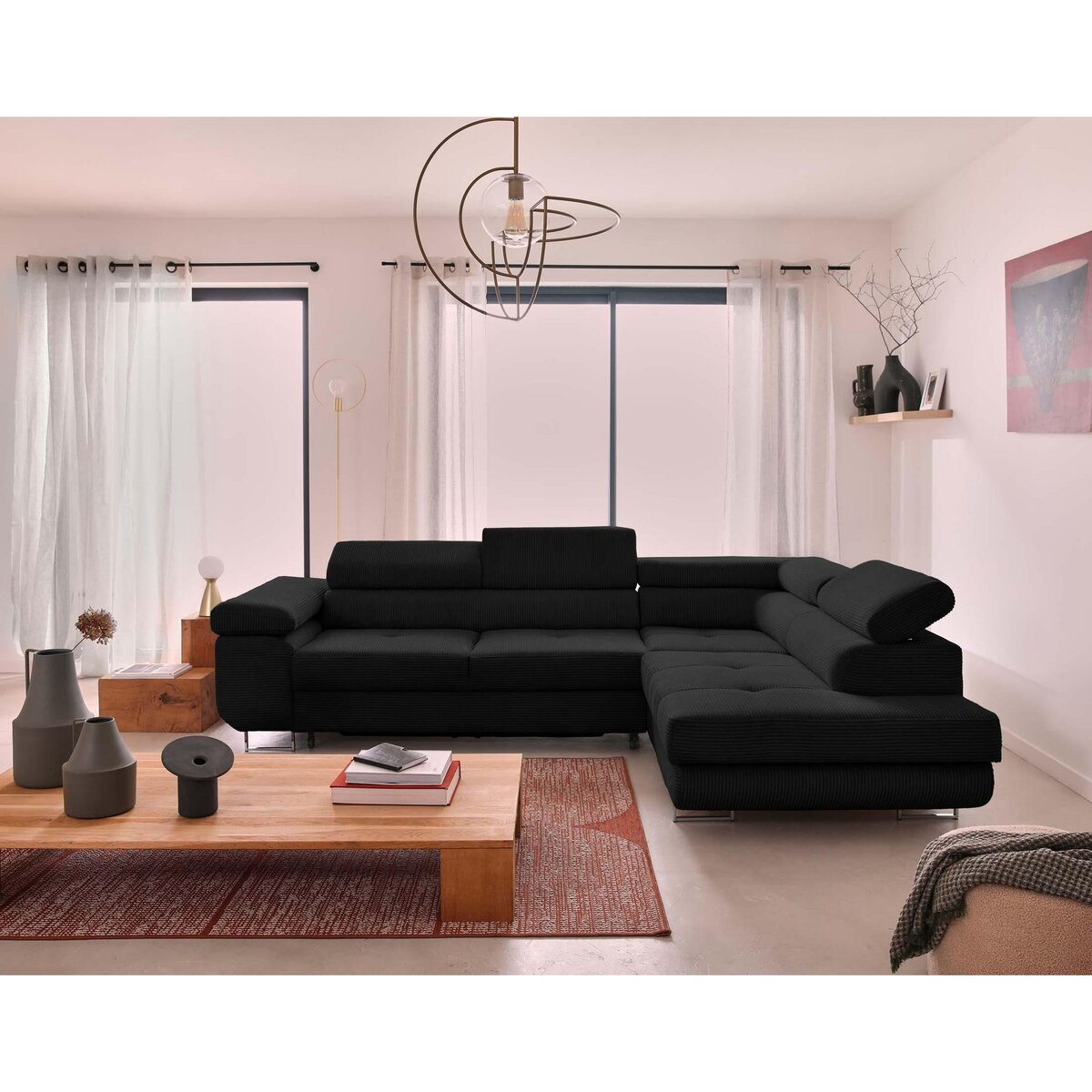 BEST MOBILIER Zaria - canapé d'angle droit - convertible avec coffre et têtières réglables - 5 places - en velours côtelé