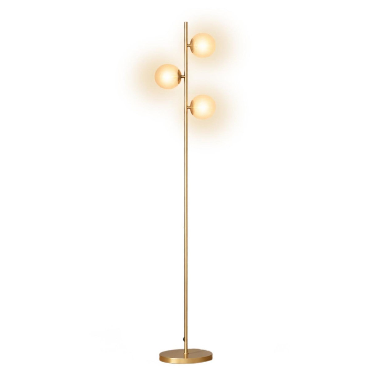 ID MARKET Lampadaire sur pied en métal doré avec 3 abat-jours globe verre