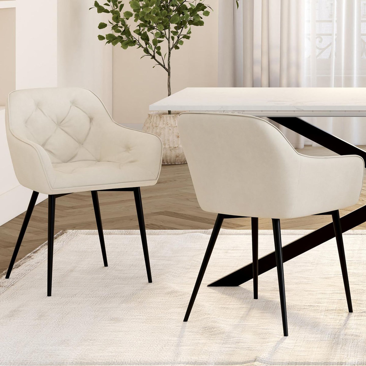 ID MARKET Lot de 2 chaises de salle à manger, fauteuils de table capitonnés LYA velours beige