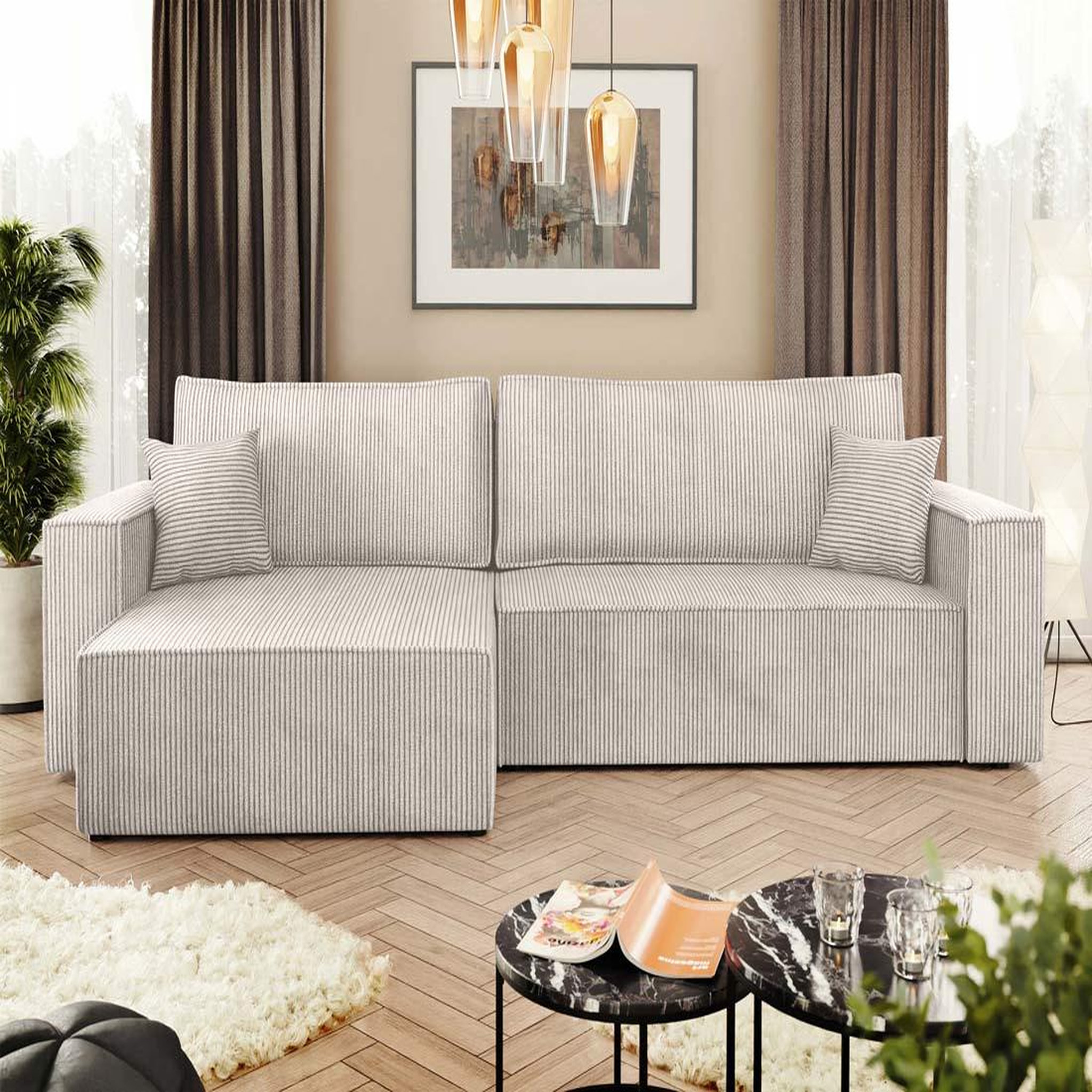 Voir la diapositive 3 : BEST MOBILIER Cezanne - canapé d'angle réversible 5 places convertible avec coffre en velours côtelé