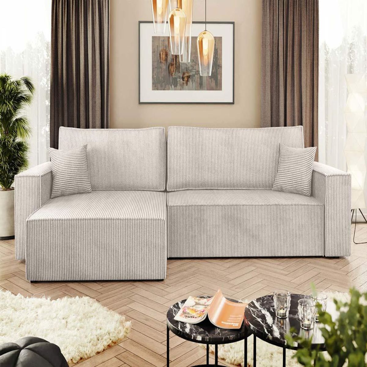 BEST MOBILIER Cezanne - canapé d'angle réversible 5 places convertible avec coffre en velours côtelé