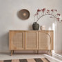 Voir la diapositive 2 : SWEEEK Buffet de rangement. Eva. cannage arrondis et décor bois. trois portes. deux niveaux . buffet bas. L 120 x l39 x H70cm