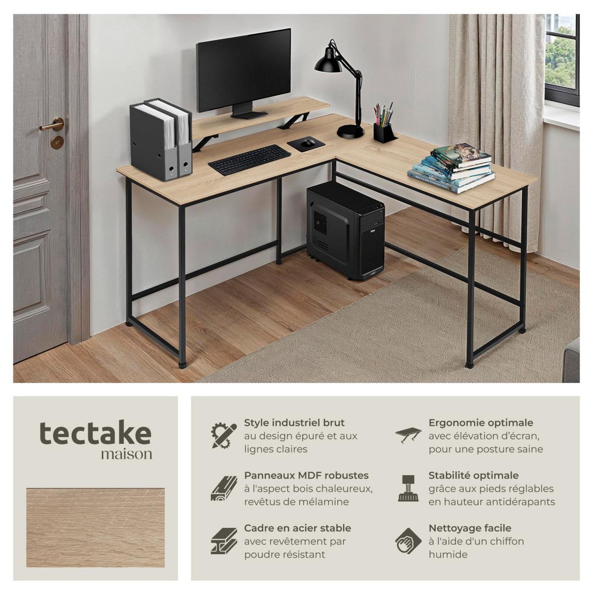 tectake Bureau Style industriel avec Fixation du moniteur coulissant