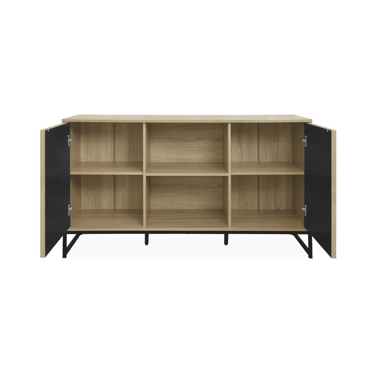SWEEEK Buffet style contemporain avec 2 portes effet bois rainuré ouverture par pression. buffet bas. piètement en métal noir  L140cm
