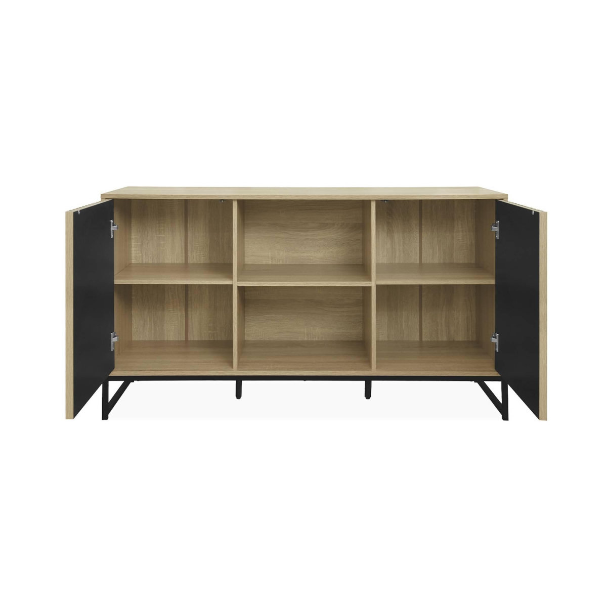 SWEEEK Buffet style contemporain avec 2 portes effet bois rainuré ouverture par pression. buffet bas. piètement en métal noir  L140cm
