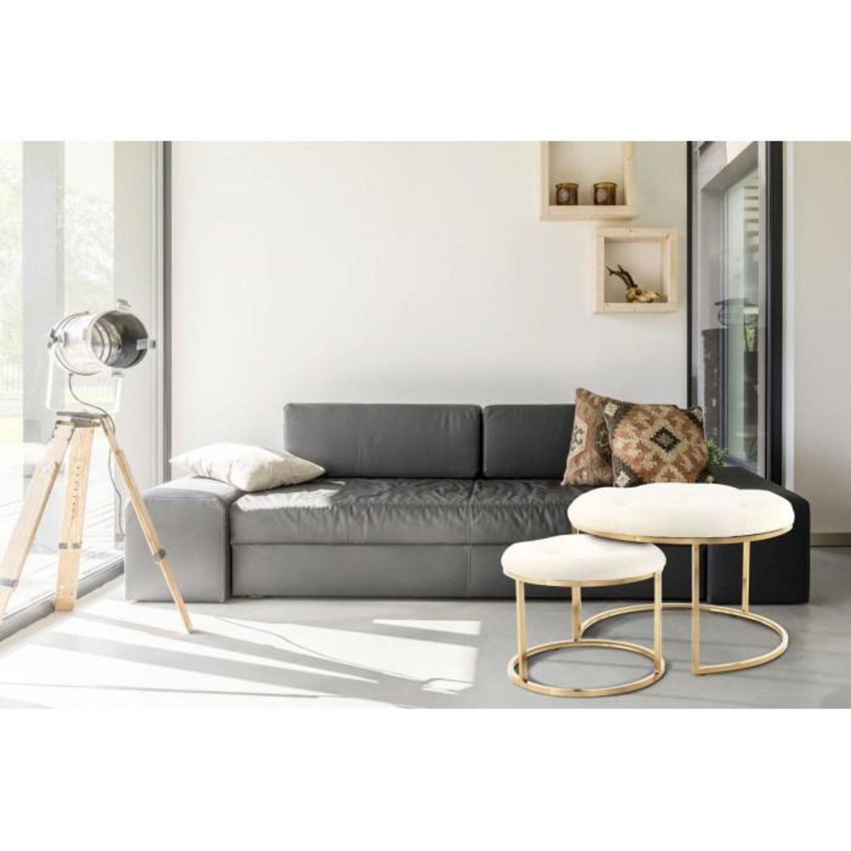 Paris Prix Lot de 2 Tabourets  Becky  60cm Ivoire & Or