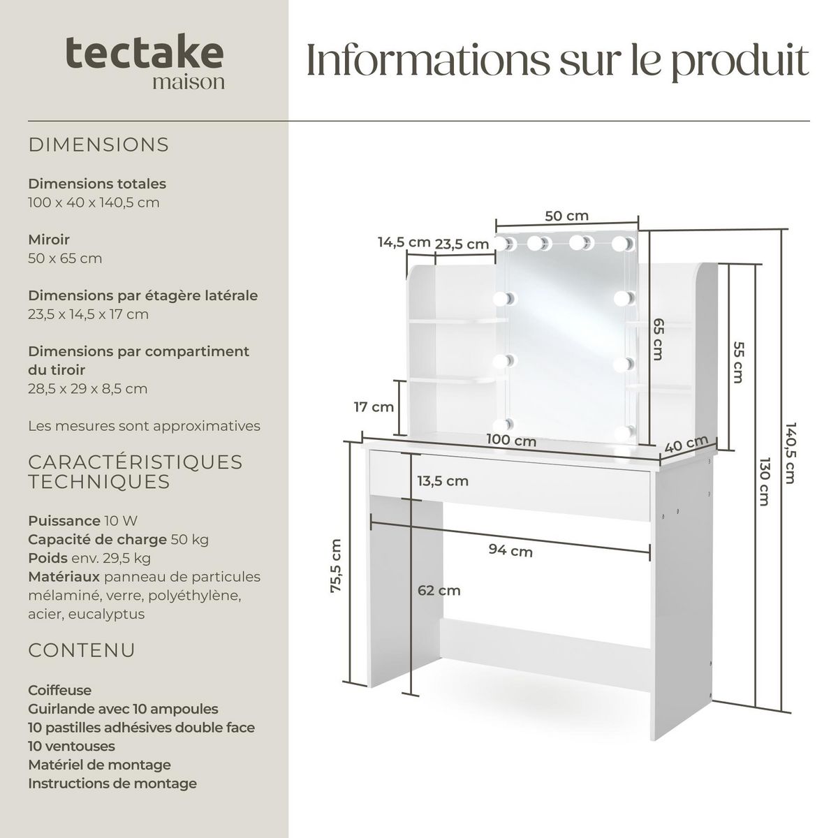 tectake Coiffeuse avec miroir style hollywoodien blanc
