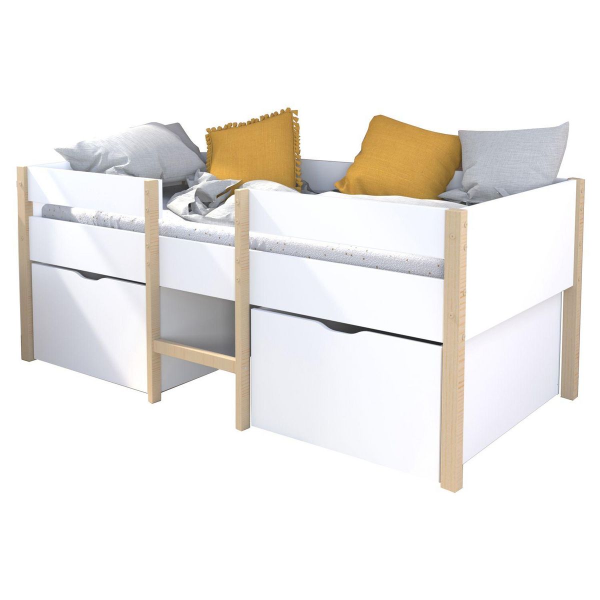 Ensemble Lit enfant mi hauteur 90X190cm avec échelle et 2 tiroirs + sommier ZEPHIR + matelas 90 x190 cm DIONE