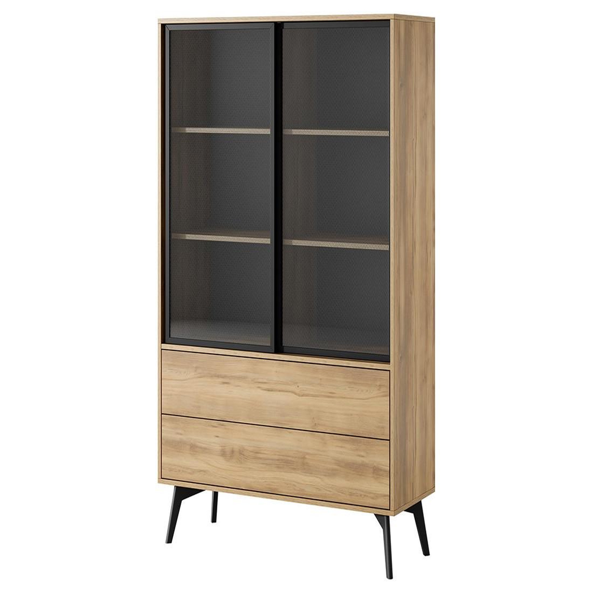 Voir la diapositive 3 : BEST MOBILIER Larry - vitrine - 2 portes et 2 tiroirs - effet bois et métal noir - 144 cm