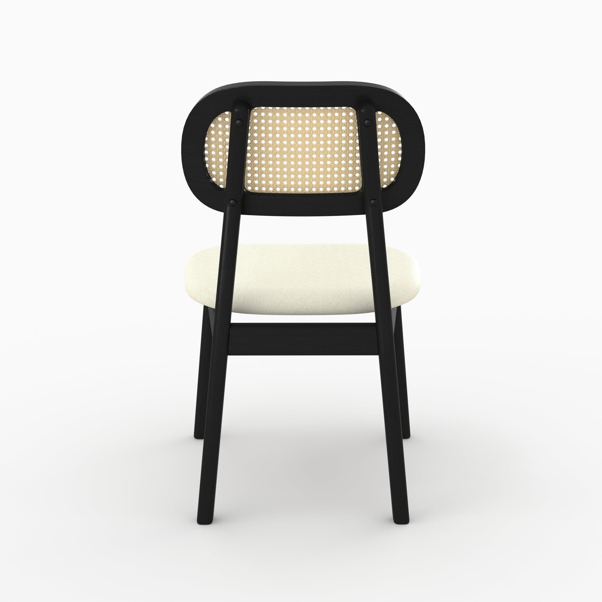 Voir la diapositive 5 : MAISON PAVANE Lot de 2 chaises en bois noir, tissu beige et rotin synthétique-maria