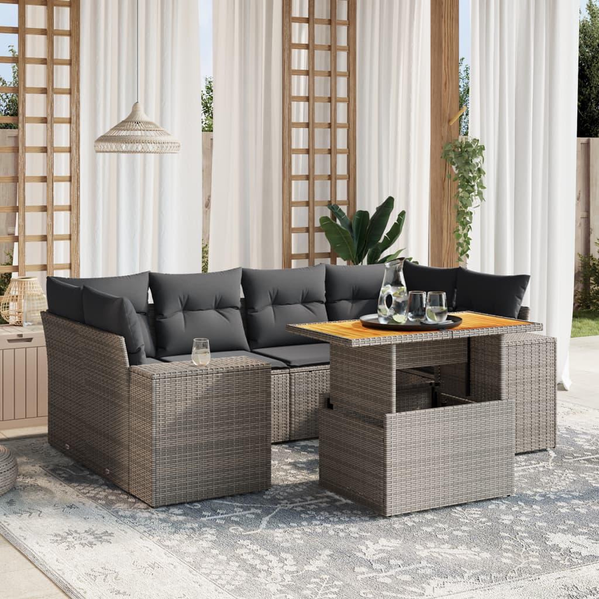 VIDAXL Salon de jardin avec coussins 7 pcs gris resine tressee